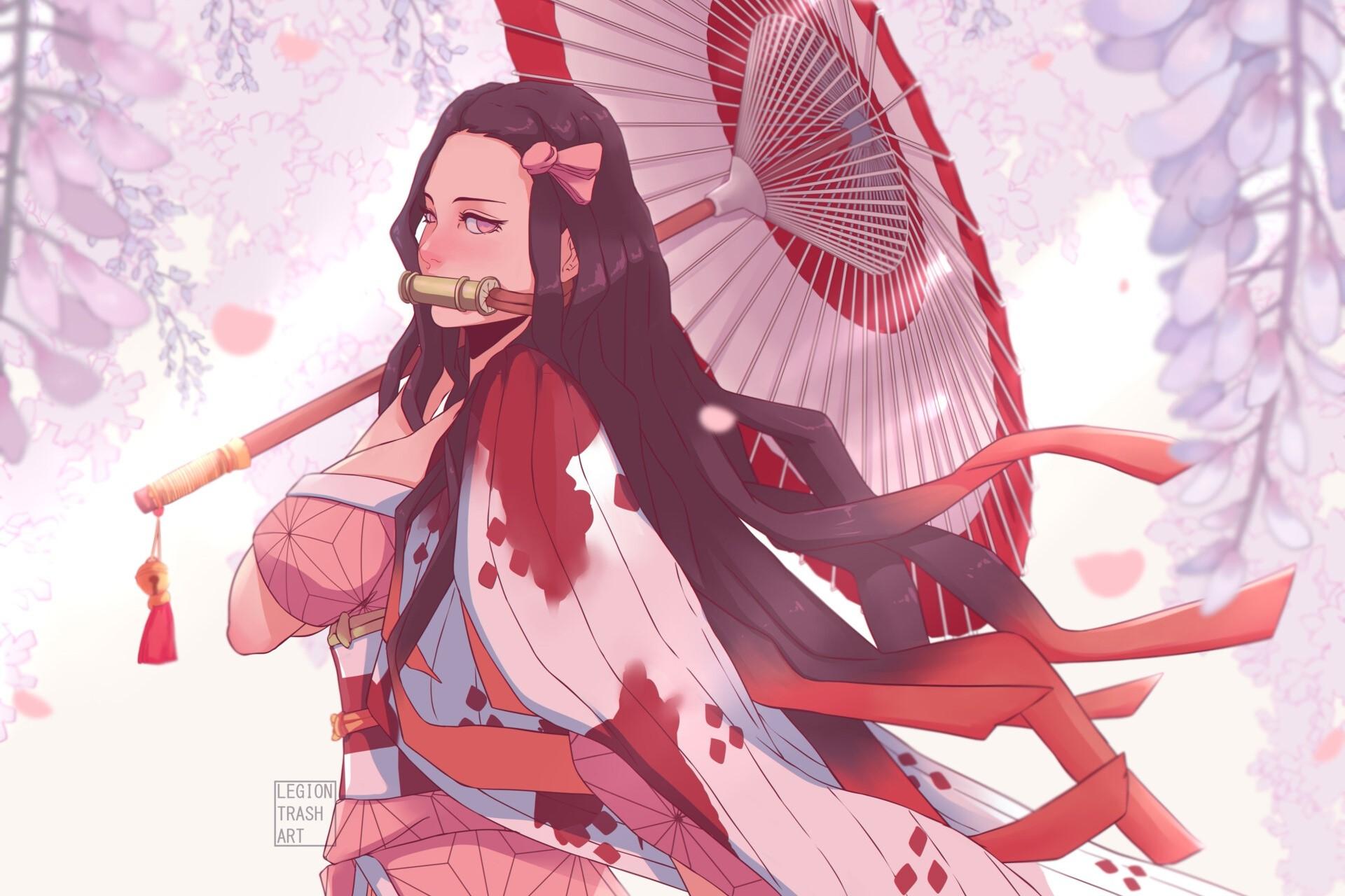 1920x1280 Kimetsu no Yaiba, umbrella, big boobs, anime girls, anime, long hair, Kamado Nezuko, fantasy girl, dark hair Gallery HD Wallpaper