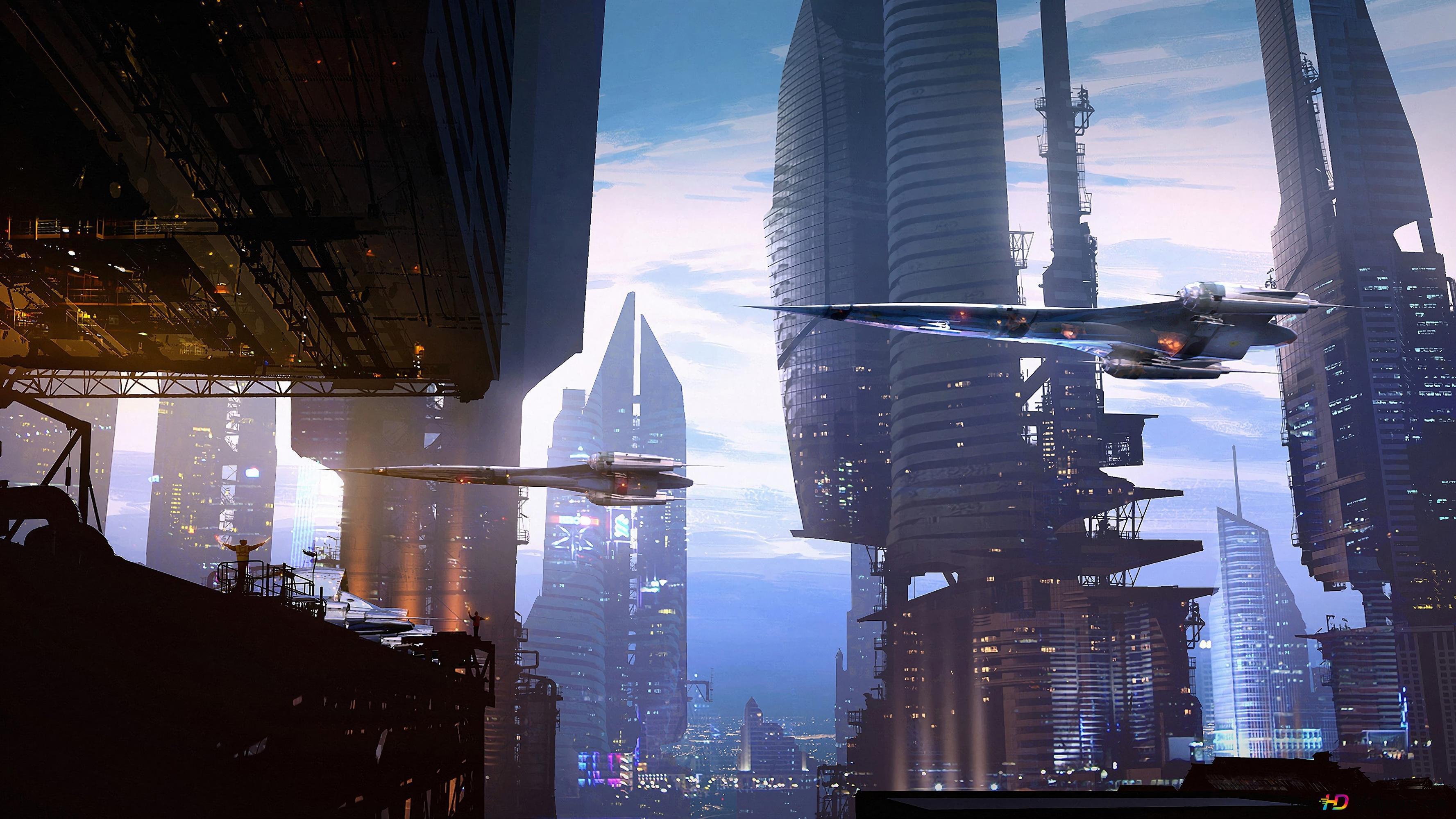 3554x1999 Spaceship City Sci Fi 4K Wallpaper Download