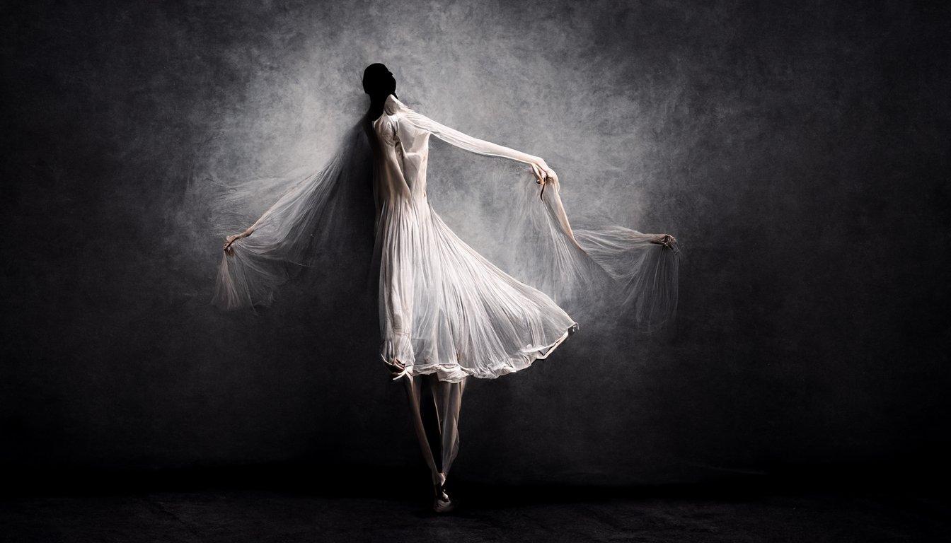 1344x768 prompthunt: A ballet dancer with long thin arms, wearing a transparent white simple dress, photo studio, studio lighting, dark atmosphere, photo print