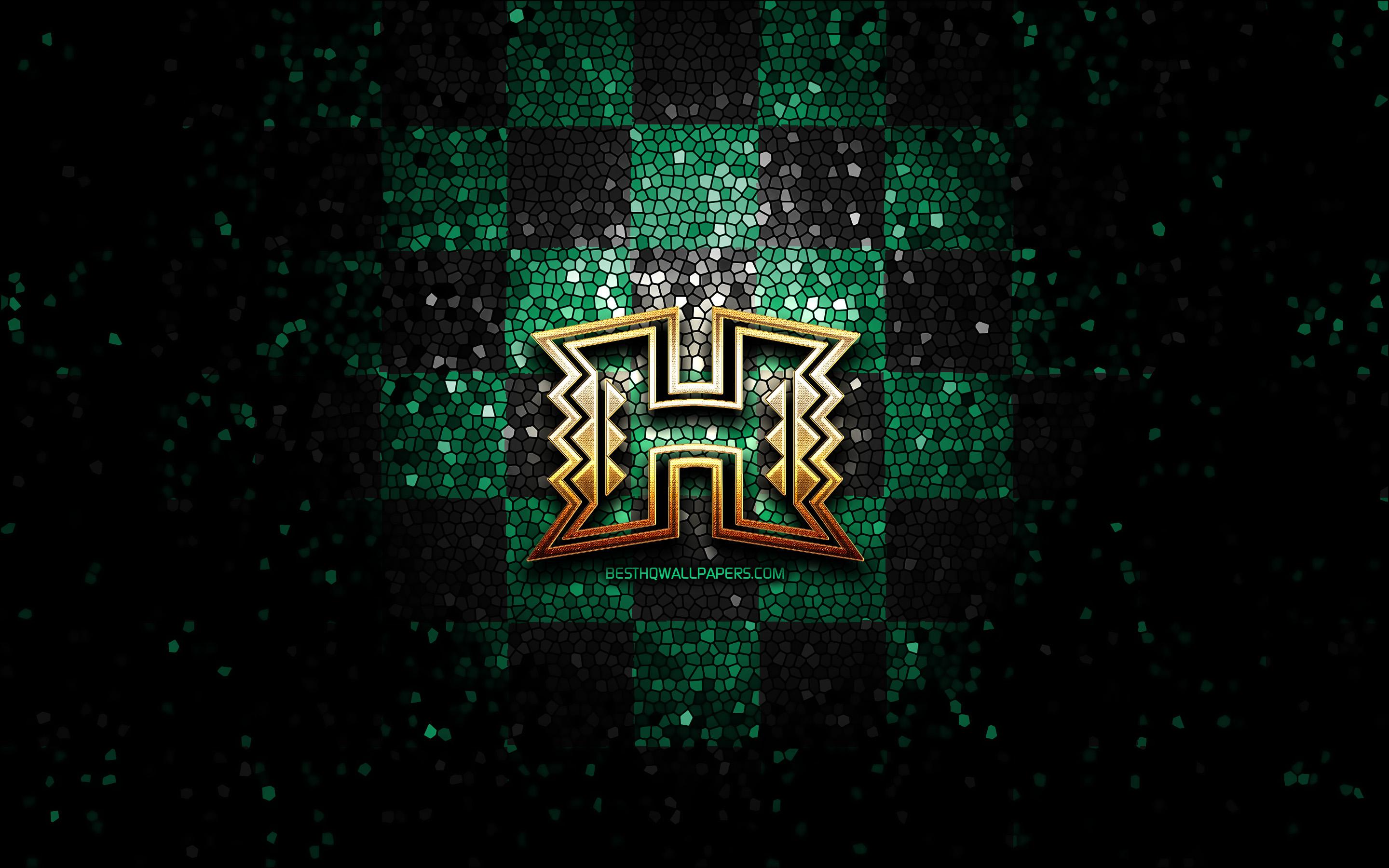 2880x1800 Download wallpaper Hawaii Rainbow Warriors, glitter logo, NCAA, green black checkered background, USA, american football team, Hawaii Rainbow Warriors logo, mosaic art, american football, America for desktop with resolution 2880x1800. High Quality