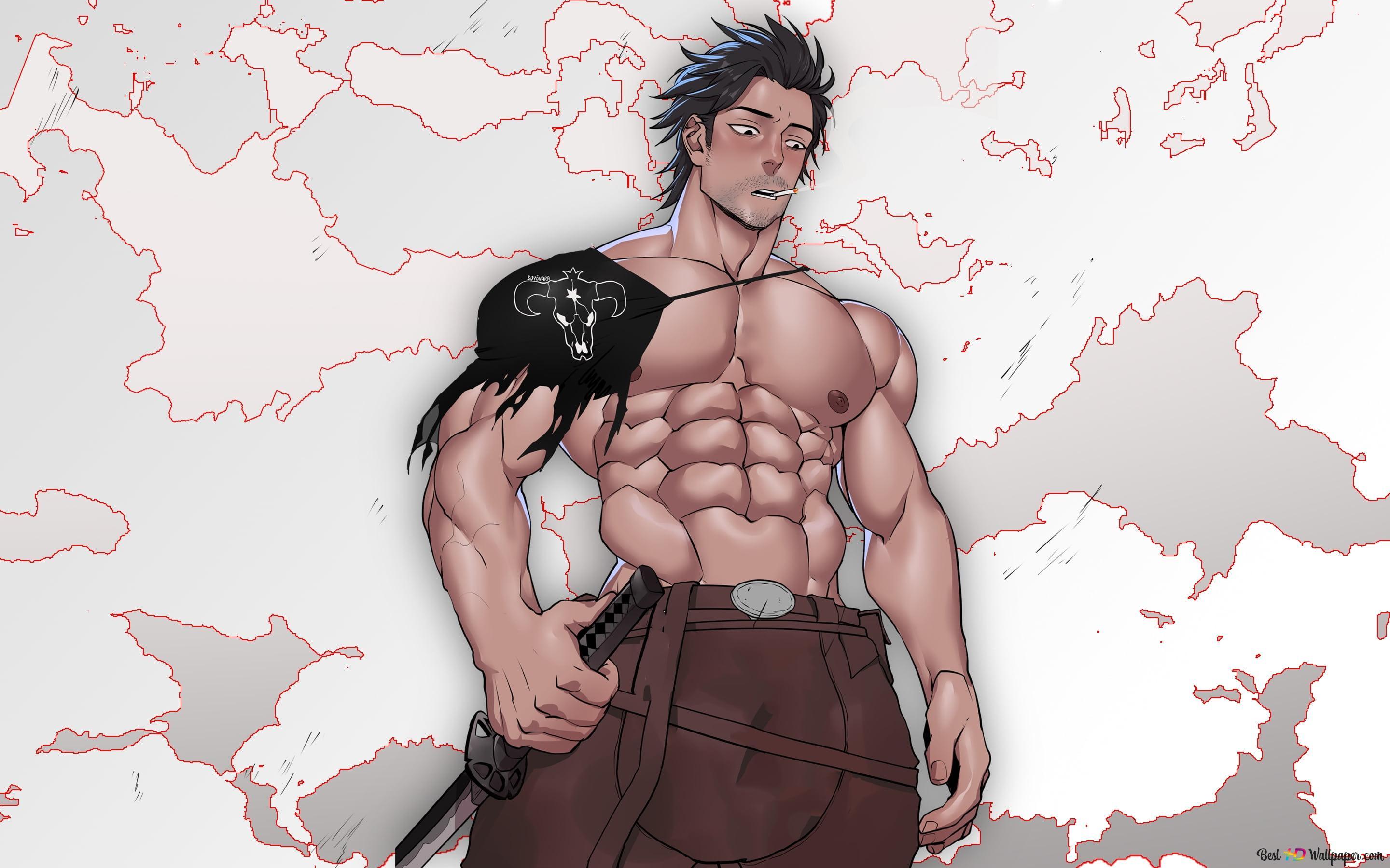 2880x1800 Yami Sukehiro, anime warrior character posing with his muscular body in front of the map 2K wallpaper download