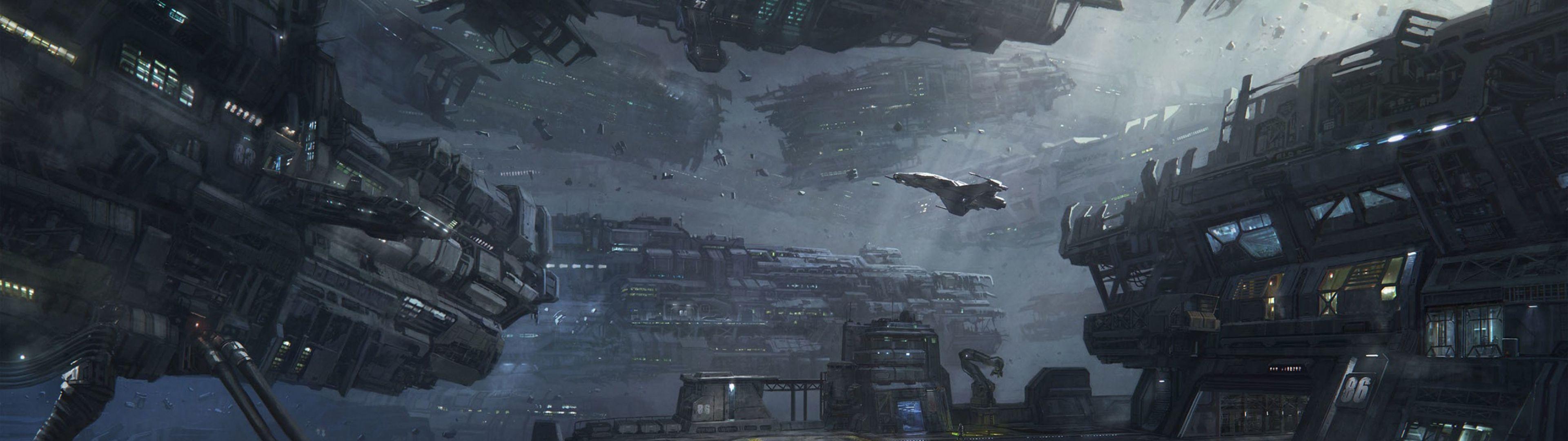 3840x1080 Spaceship Hangar Dual Screen Wallpaperx1080