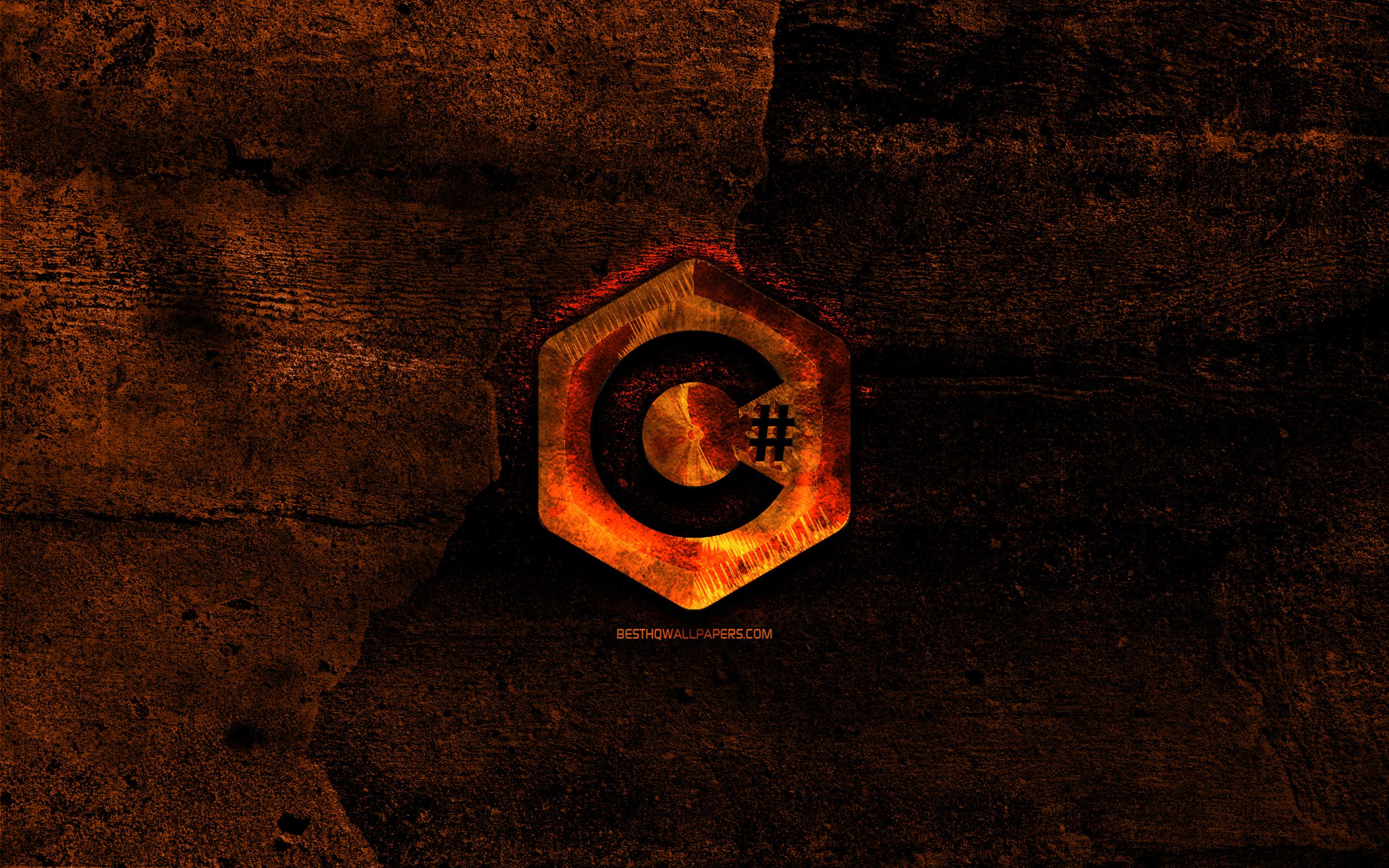 2880x1800 Download wallpaper C Sharp fiery logo, programming language, orange stone background, creative, C Sharp logo, programming language signs, C Sharp for desktop with resolution 2880x1800. High Quality HD picture wallpaper