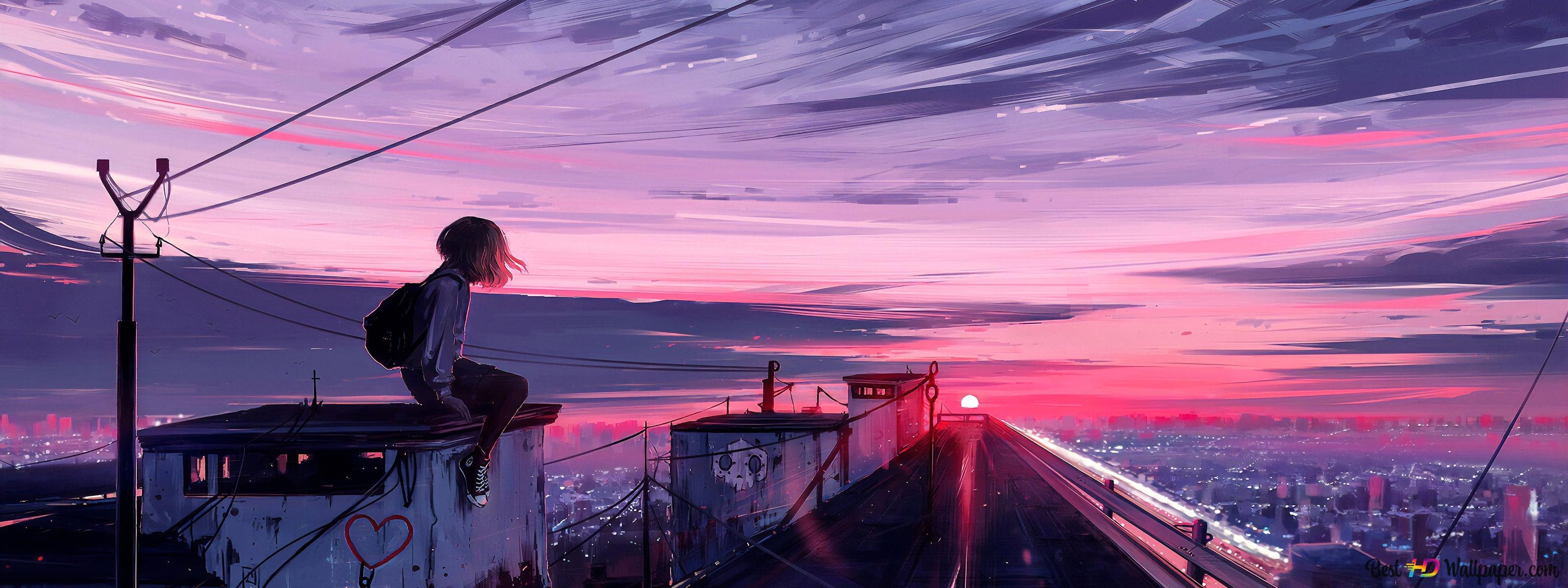 3200x1200 Beautiful anime girl watching beautiful view of sunset and clouds 4K wallpaper download