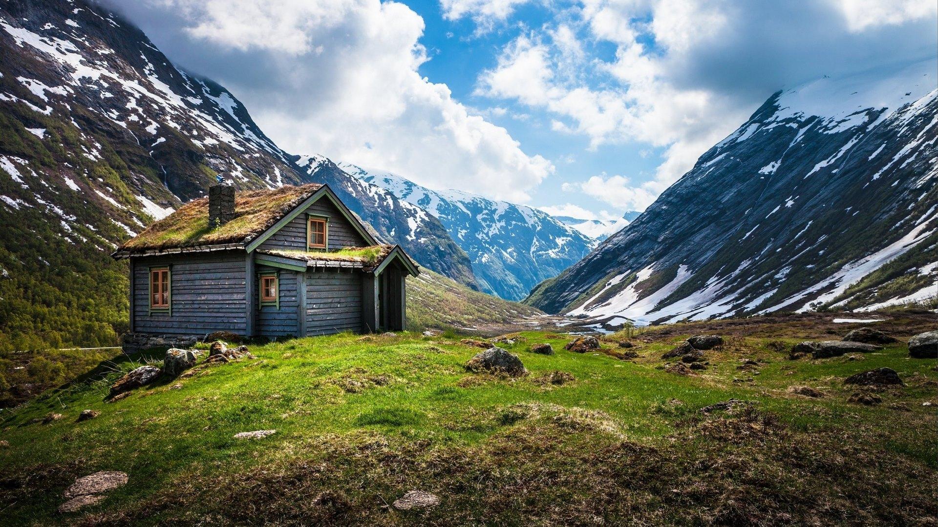1920x1080 architecture, house, beautiful, cabin, sky, clouds, snow, mountains, nature Gallery HD Wallpaper