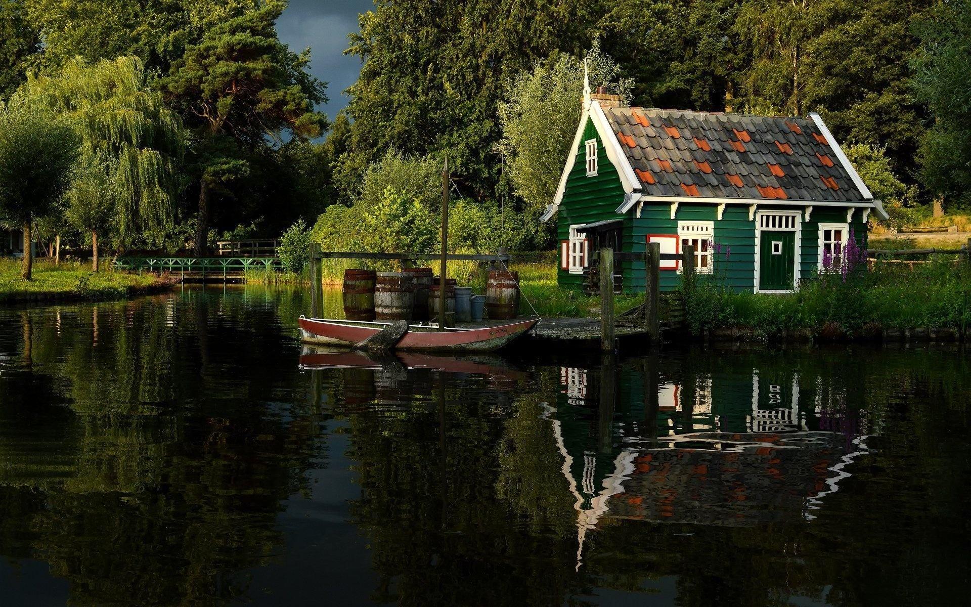 1920x1200 Wallpaper. Spring. photo. picture. house, lake, boat, bridge