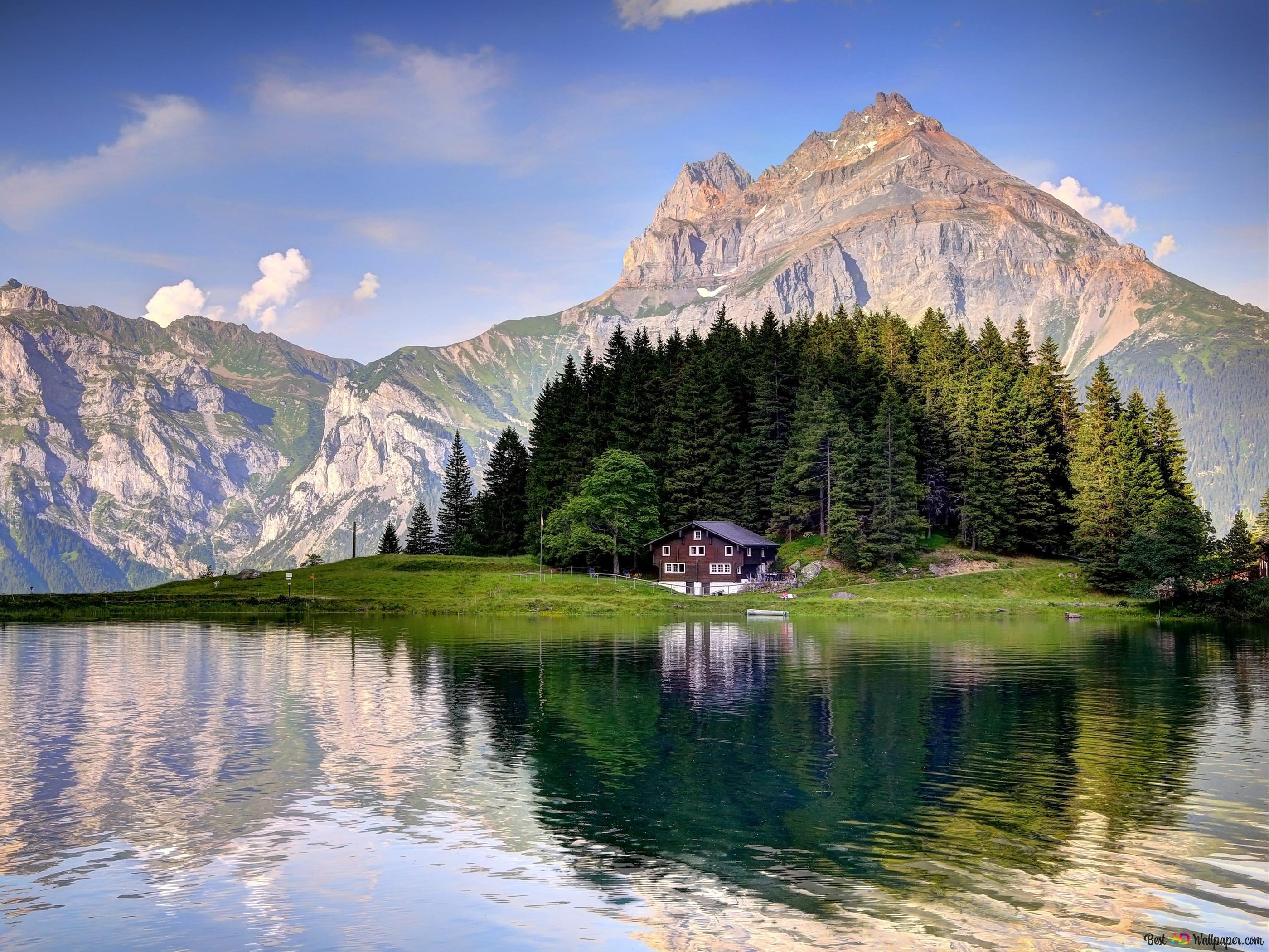 2800x2100 Alps in amazing nature of Switzerland with hills, trees and small house by lake 4K wallpaper download