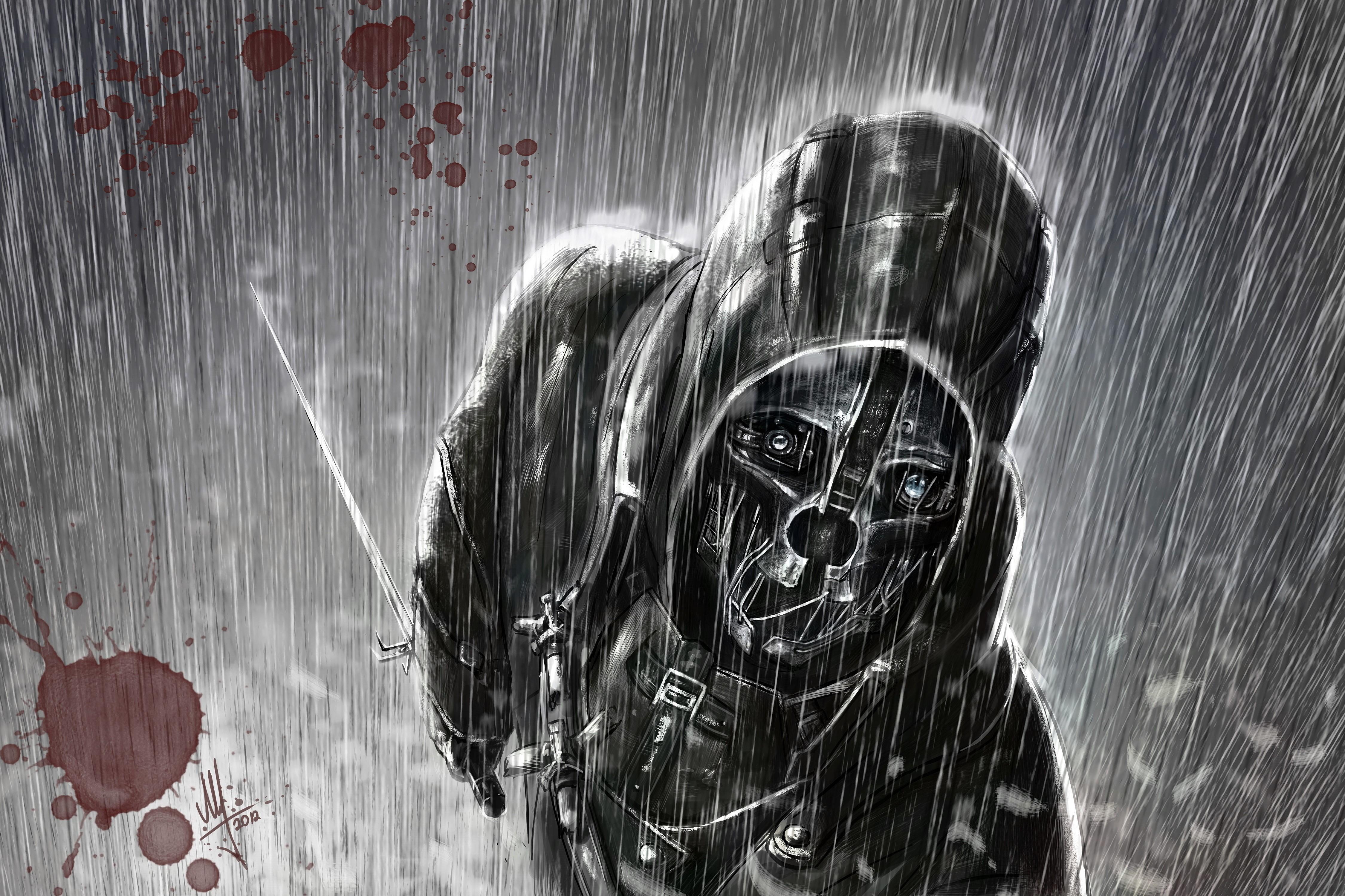 4500x3000 4K, Corvo Attano, Dishonored, Masks, Rain, Hood headgear, Swords, Blood Gallery HD Wallpaper