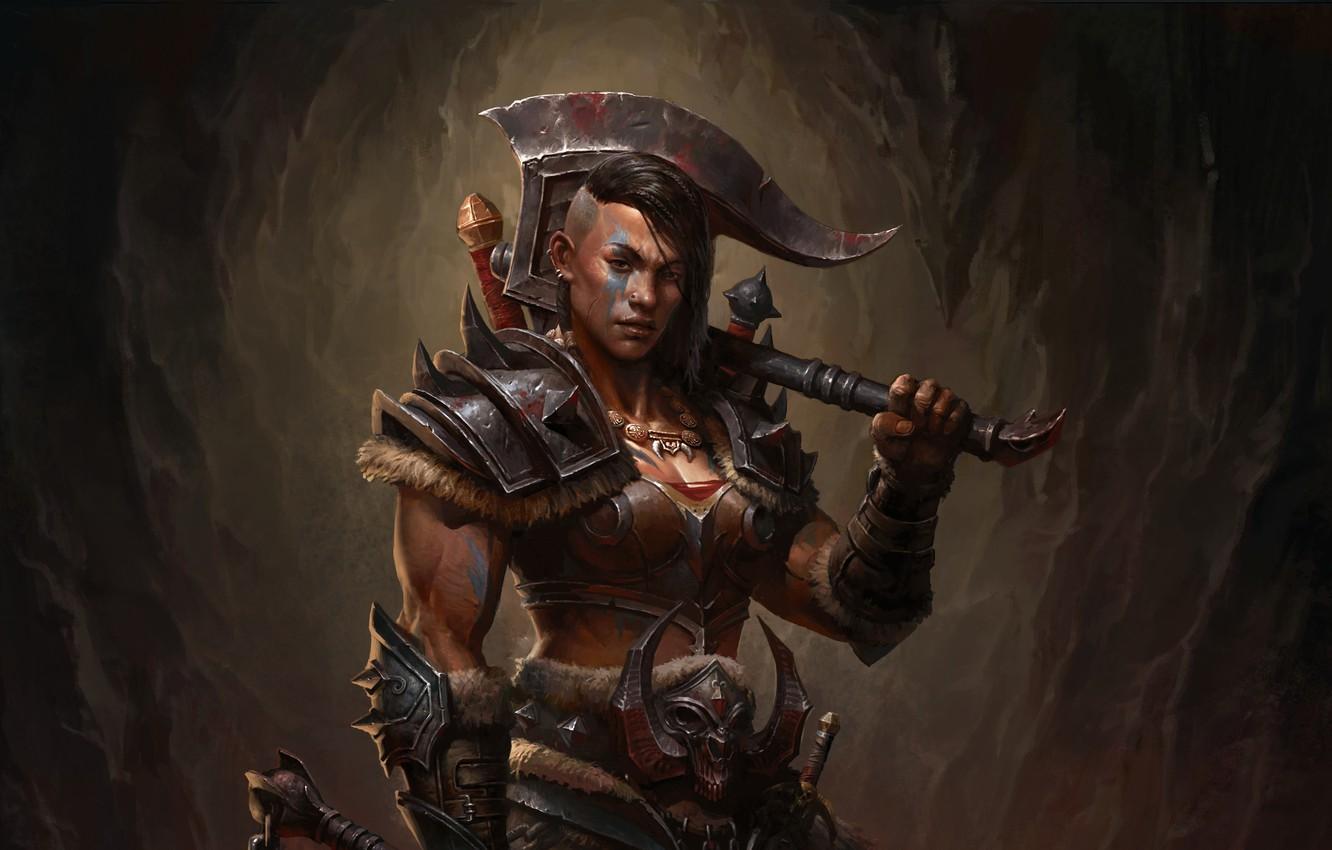 1332x850 Wallpaper girl, weapons, the game, armor, axe, warrior, online, character, multiplayer, multiplayer, action, video game, Diablo Immortal, online, role playing, Barbarian Female image for desktop, section игры