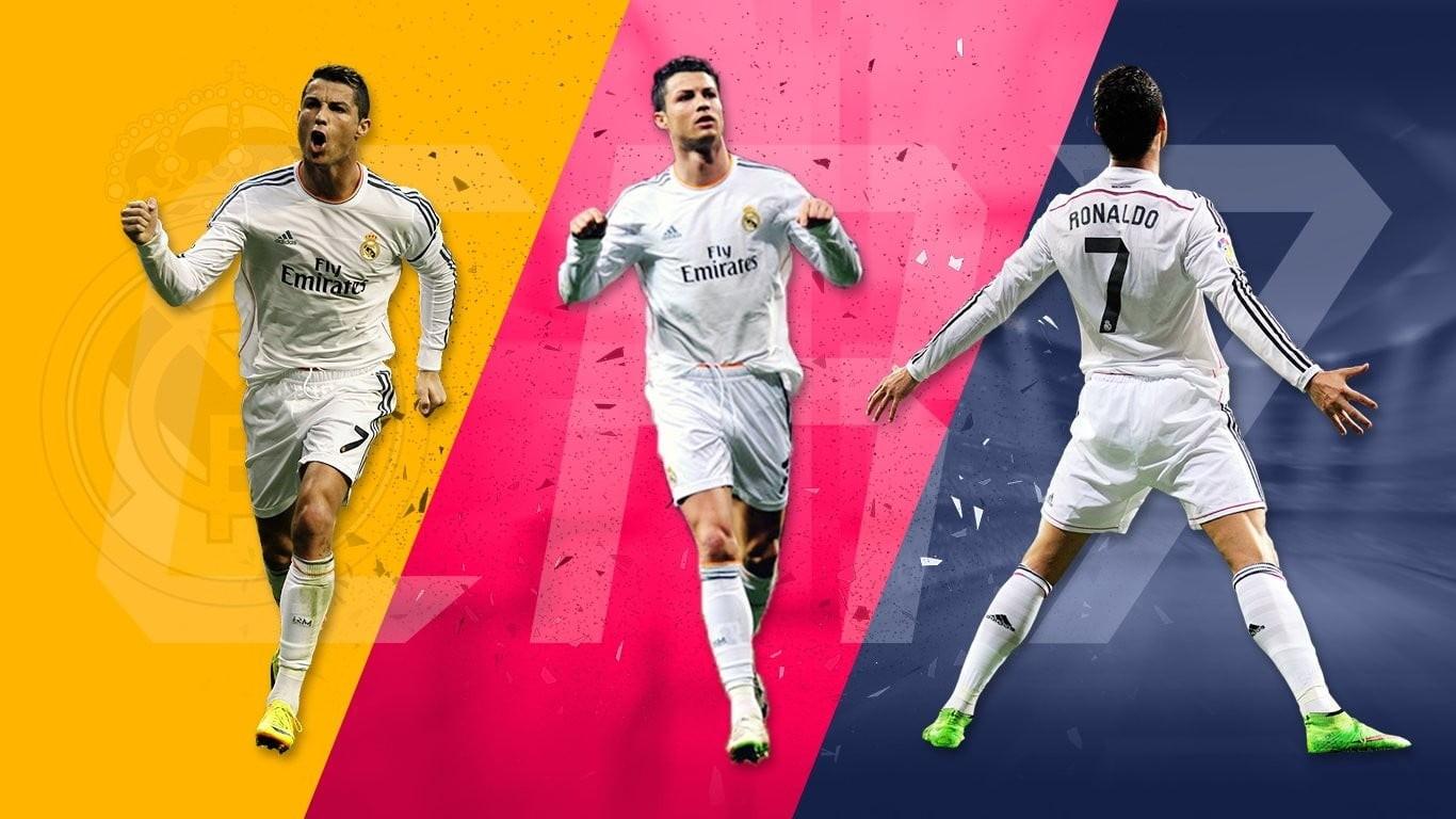 1366x768 Wallpaper / lifestyles, Cristiano Ronaldo, collage, front view, wall feature, real people, full length, day, clothing, young adult, leisure activity, women free download