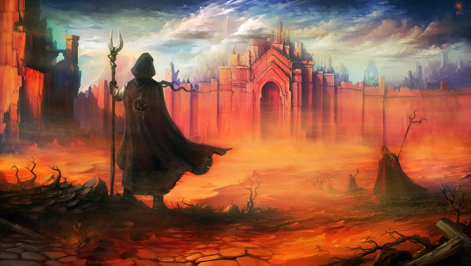 1600x903 fantasy city, fantasy art, artwork, staff Gallery HD Wallpaper