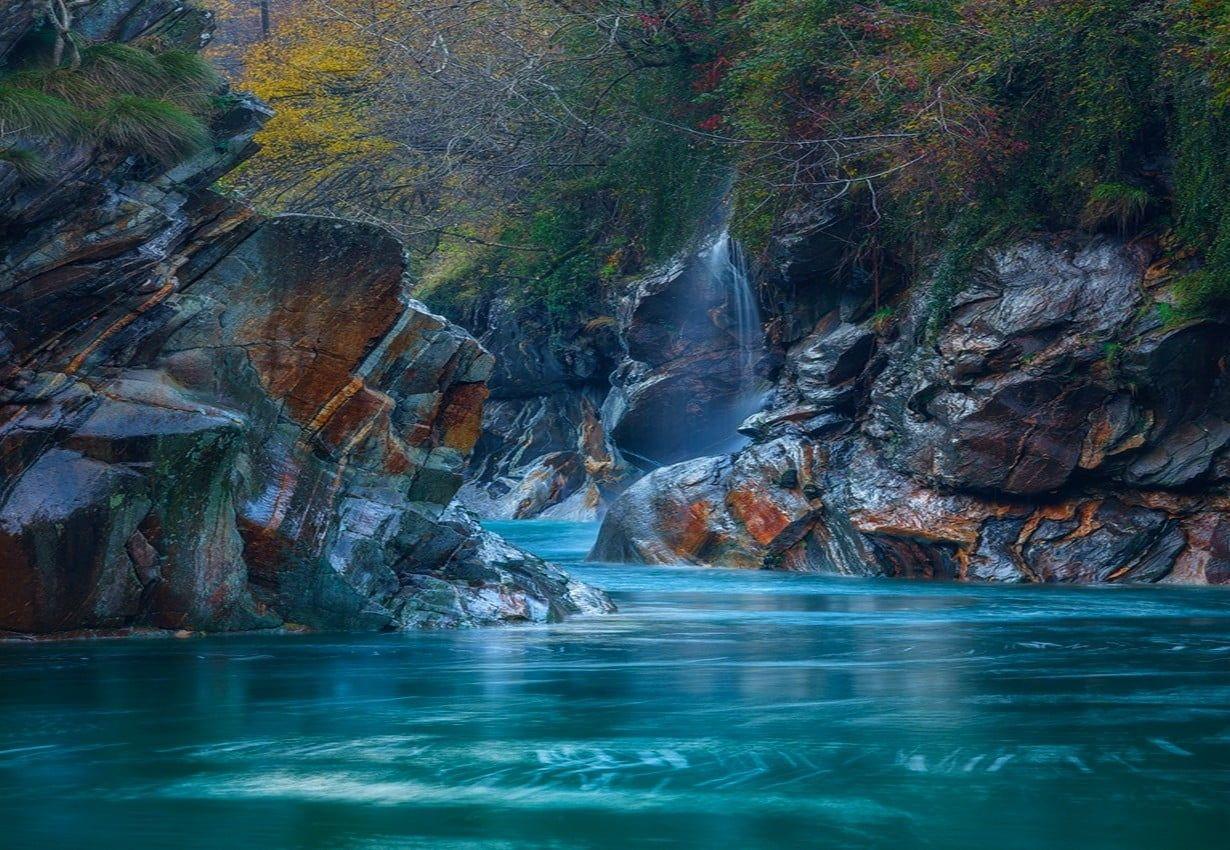 1230x850 Painting of river surrounded by cliffs, river, rock, Switzerland