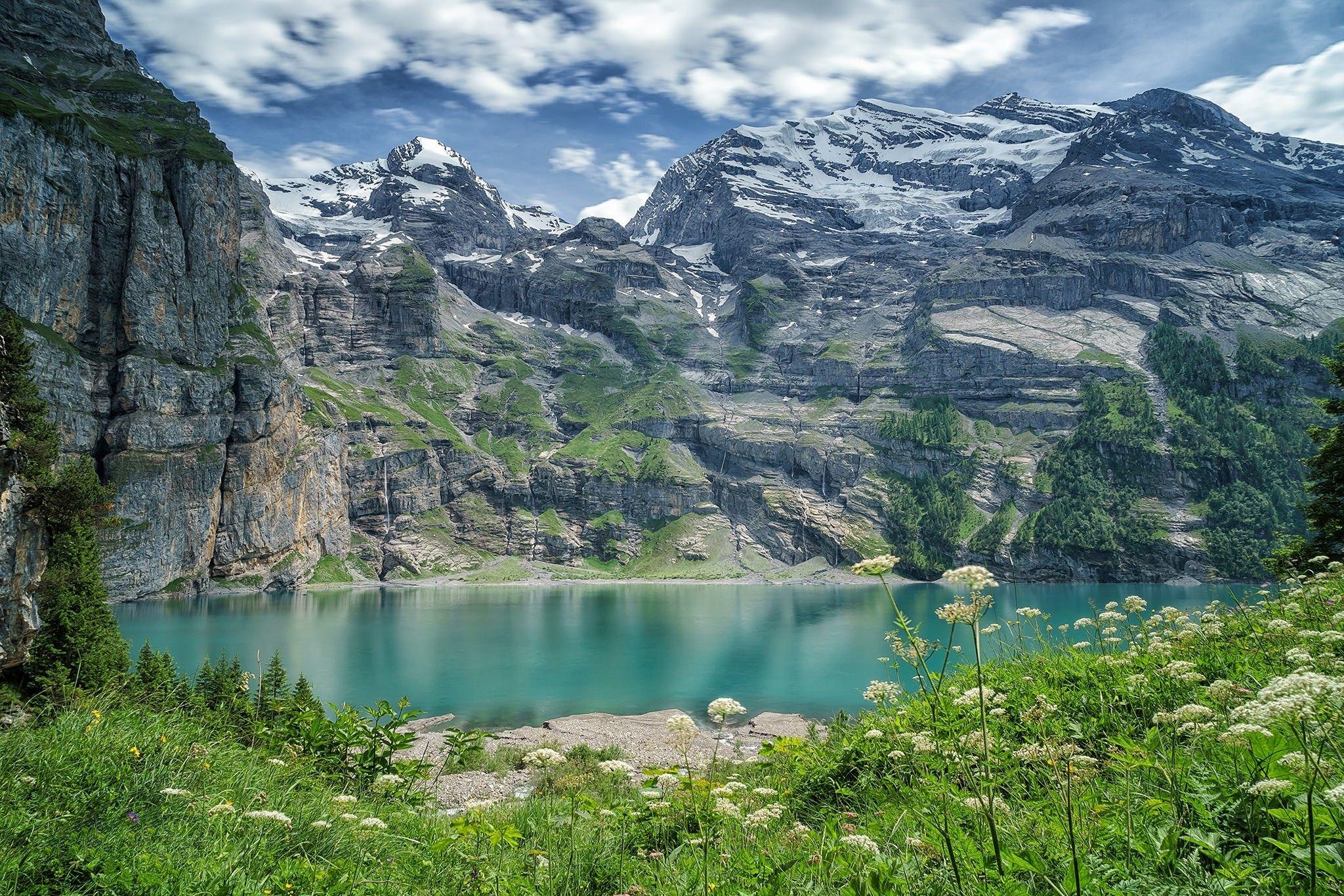 2048x1365 Mountain Nature Oeschinen Cool Lake Switzerland Mountains Wallpaper