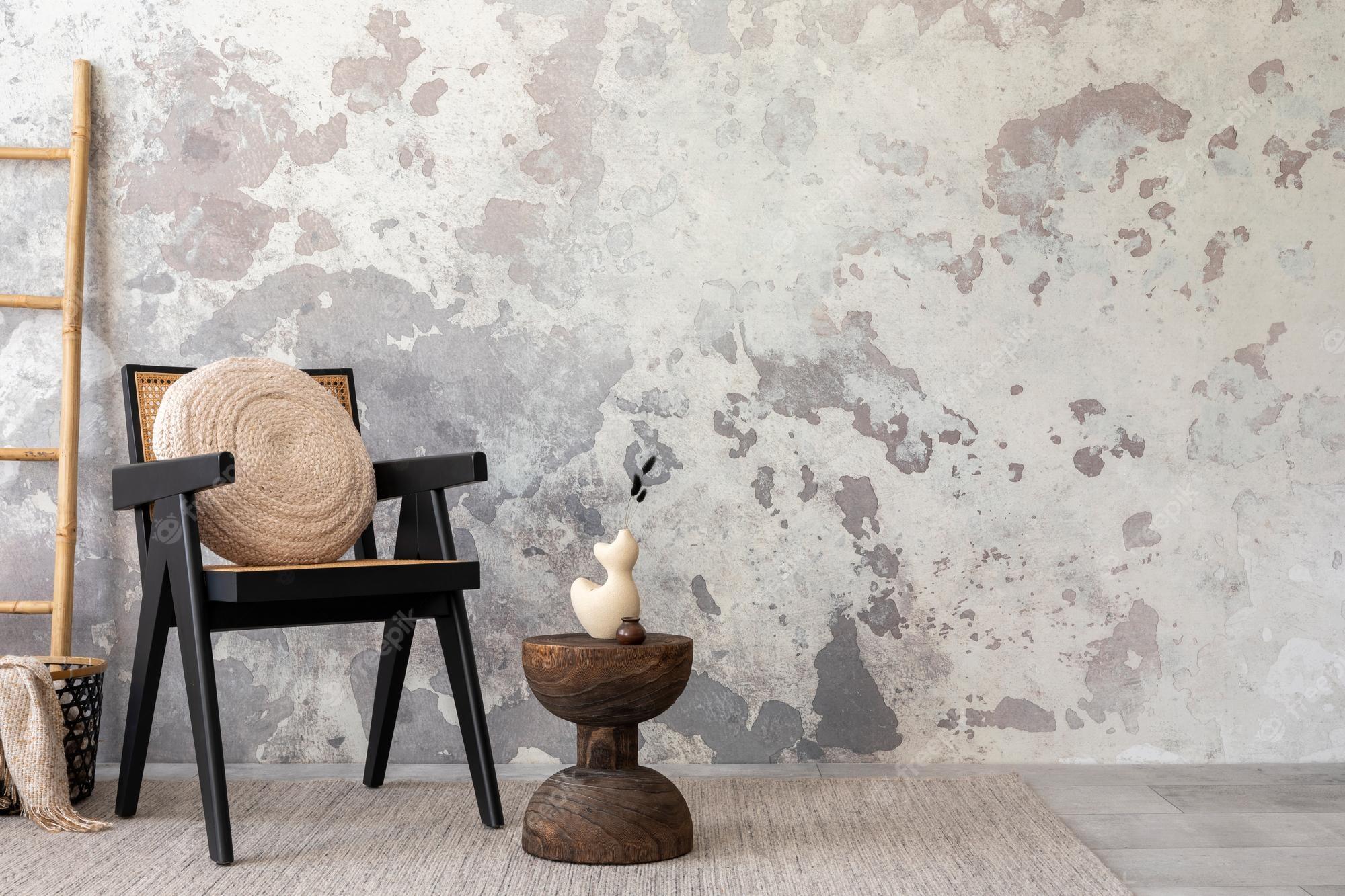2000x1333 Premium Photo. The stylish composition of wabi sabi interior with copy space armchair with pillow and personal accesoories grey concrete wall home decor template