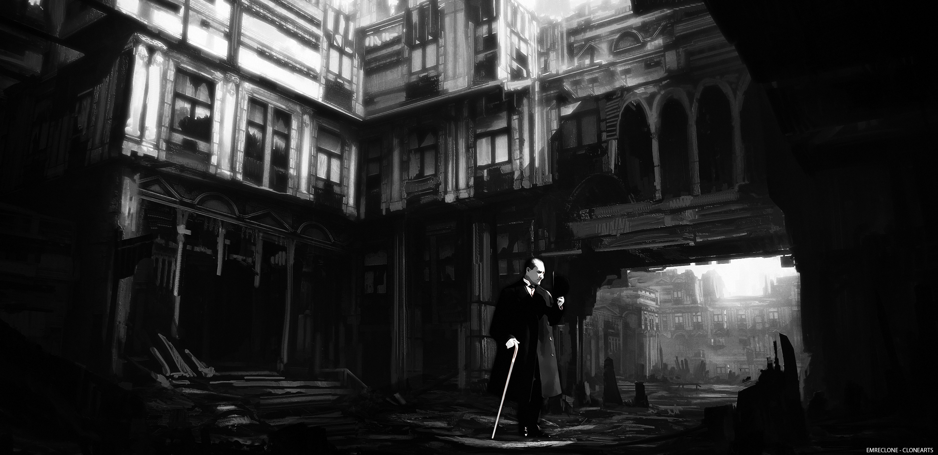 3057x1484 Mustafa Kemal Ataturk Men Monochrome City Wallpaper:3057x1484