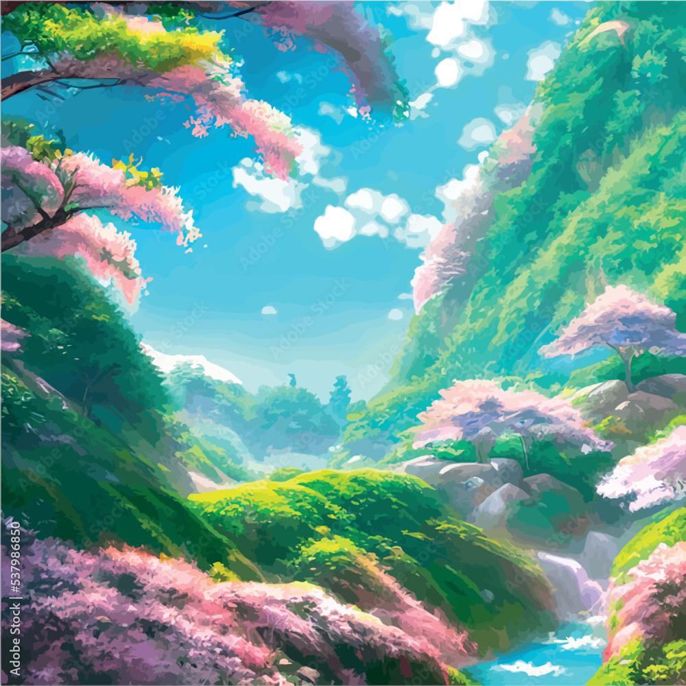 1000x1000 vector illustration. artistic picture Japan volcanic mountains. Asian scenic wallpaper with cherry trees Mount Fuji background. Extremely beautiful pink trees with volumetric light in anime style. Stock Vector