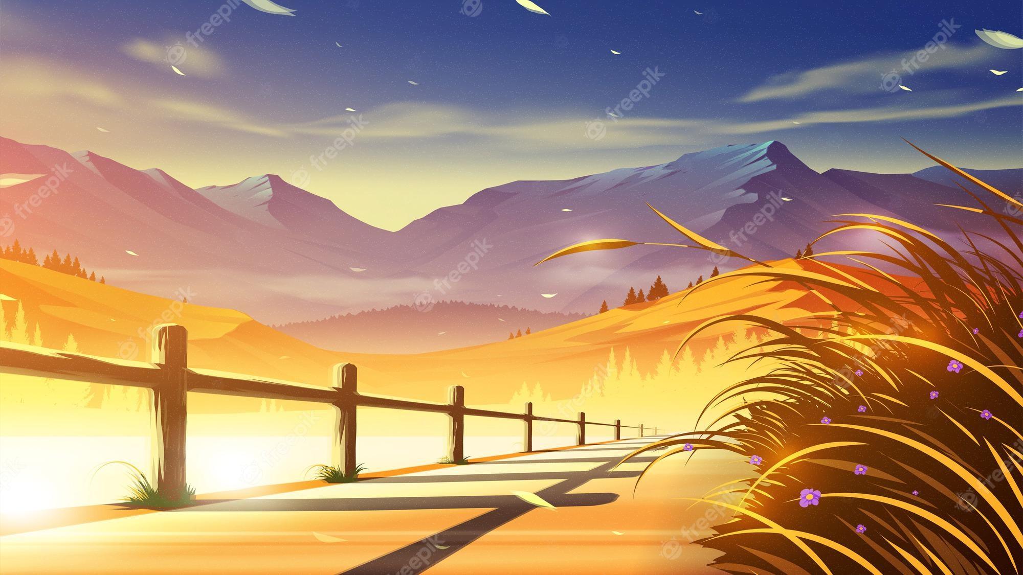 2000x1125 Premium Vector. Vector illustration of a lakeside walkway with beautiful mountain scenery in the background in anime style