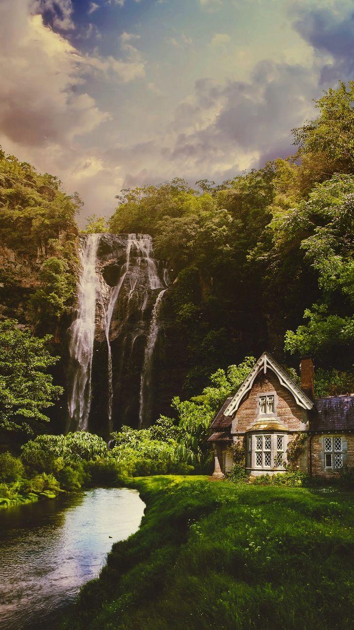 728x1294 Water fall and small house. Nature photography, Landscape, Beautiful landscape wallpaper