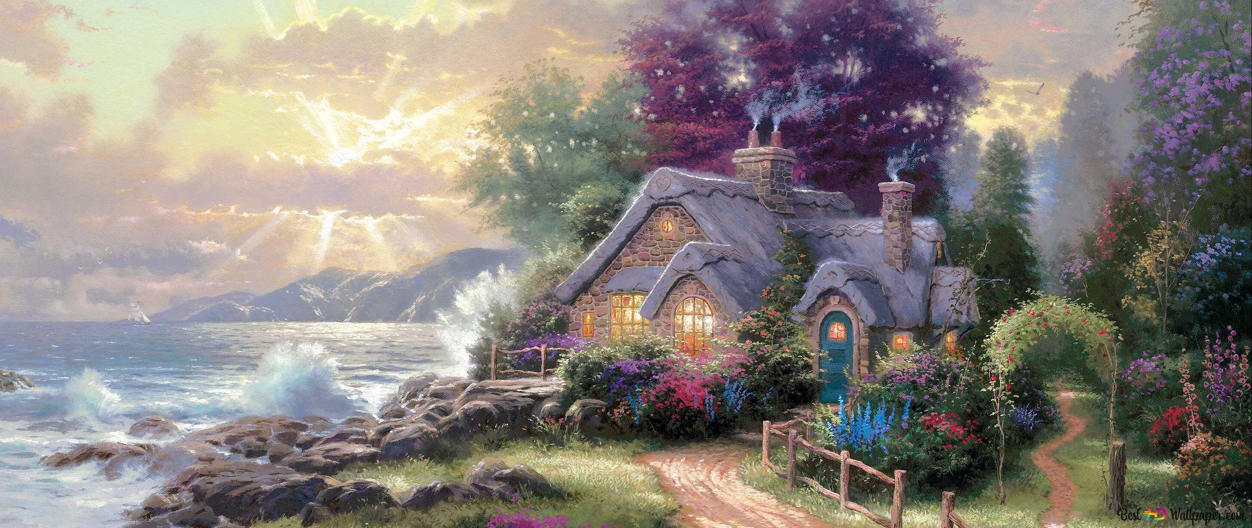 2560x1080 Small cozy house by the sea 2K wallpaper download