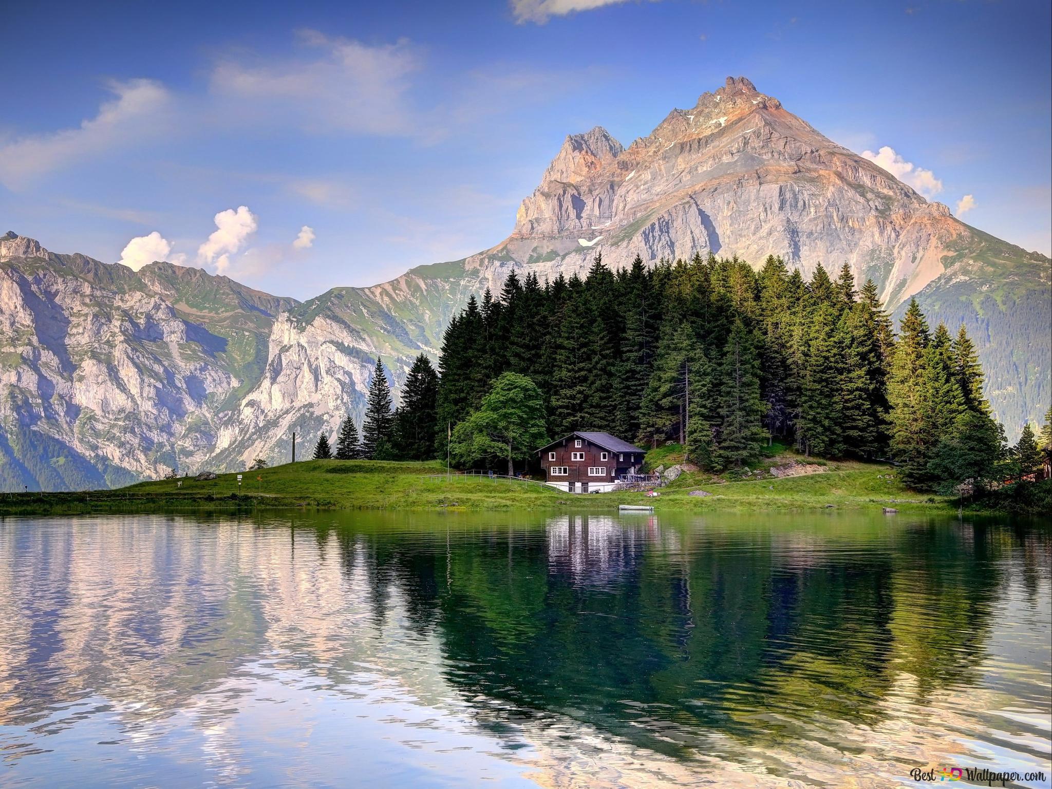 2048x1536 Alps in amazing nature of Switzerland with hills, trees and small house by lake 4K wallpaper download