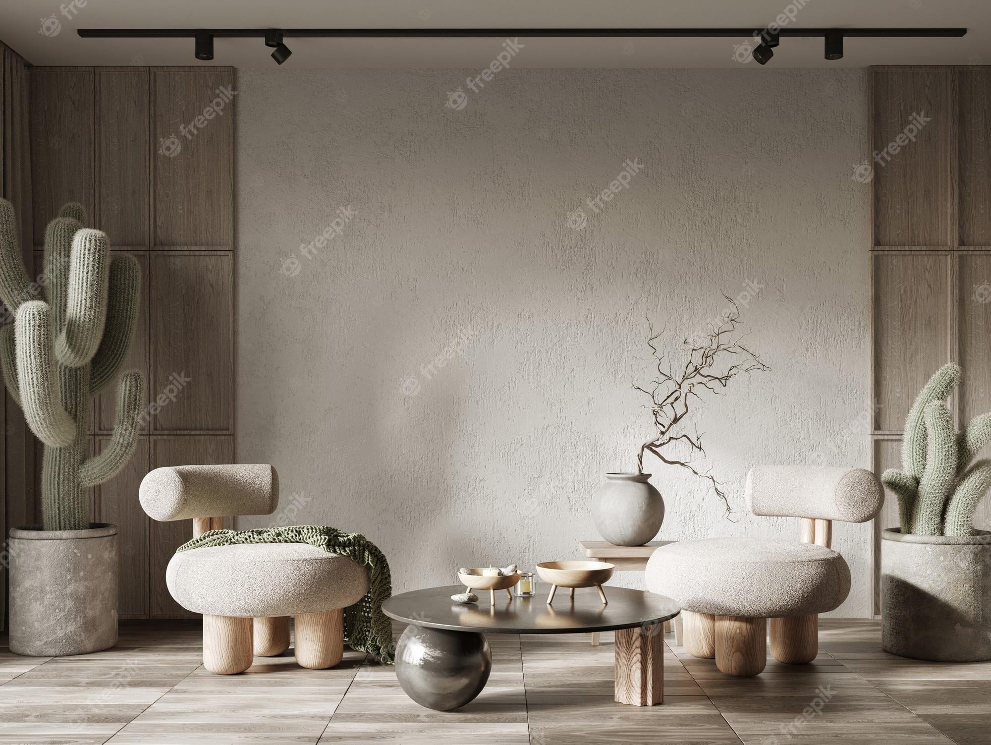 2000x1503 Premium Photo. Minimalist interior design with built in wall shelves wabi sabi concept 3D render