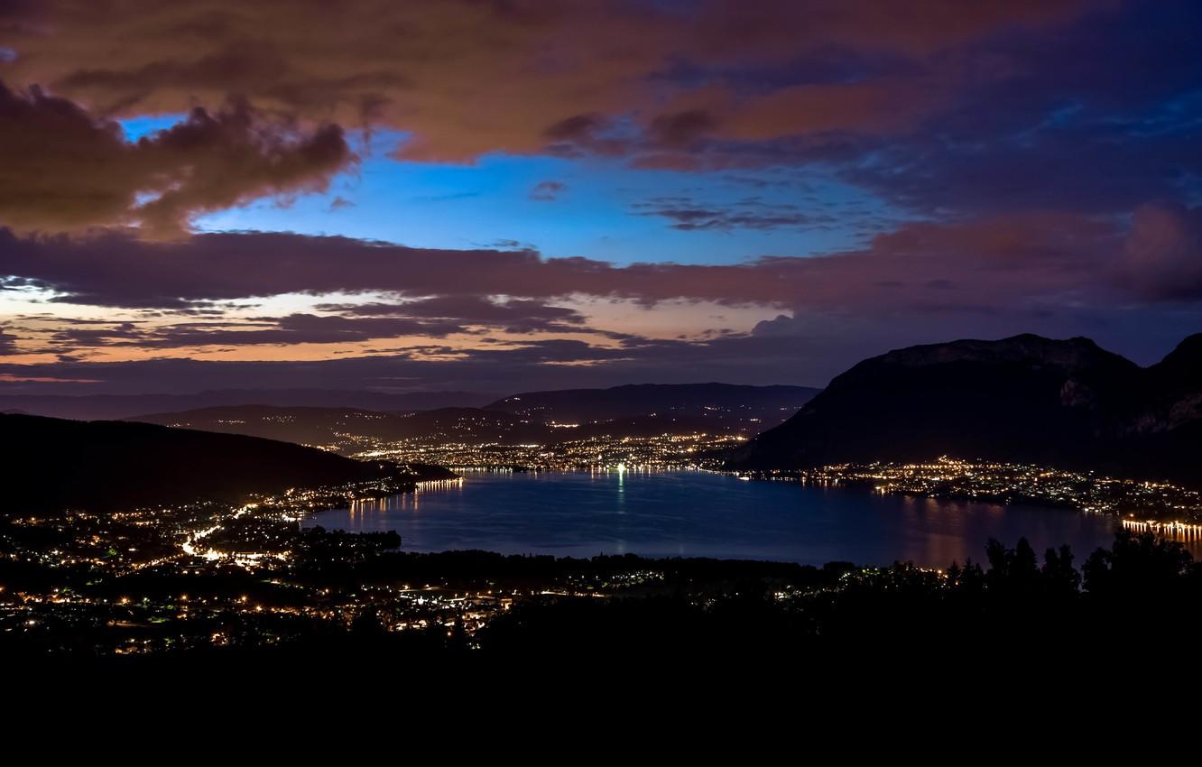 1332x850 Wallpaper mountains, night, the city, lights, lake, France, Annecy, the lake of Annecy image for desktop, section город