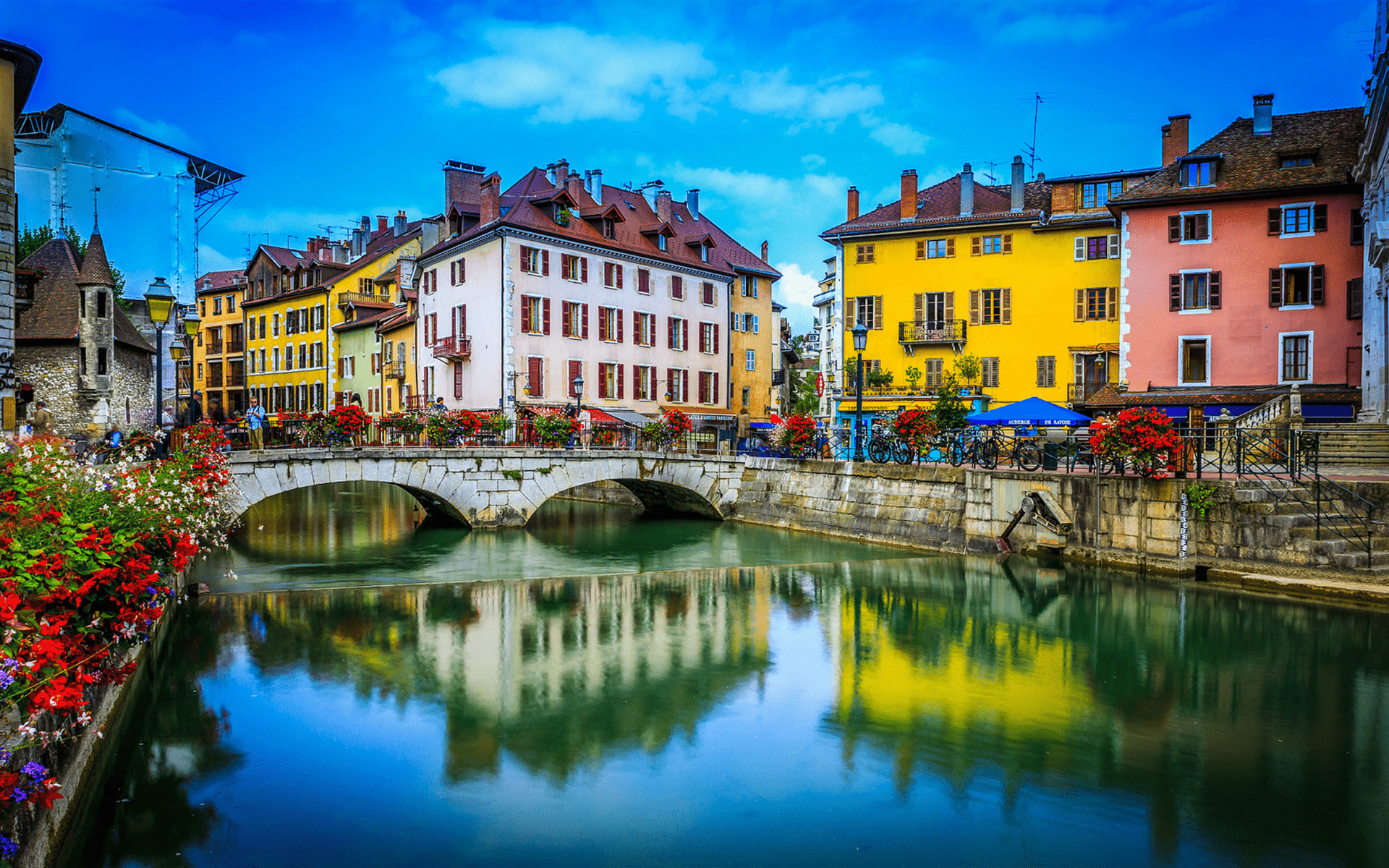 1920x1200 Download wallpaper Annecy, evening city, channel, bridge, France, Europe for desktop with resolution 1920x1200. High Quality HD picture wallpaper