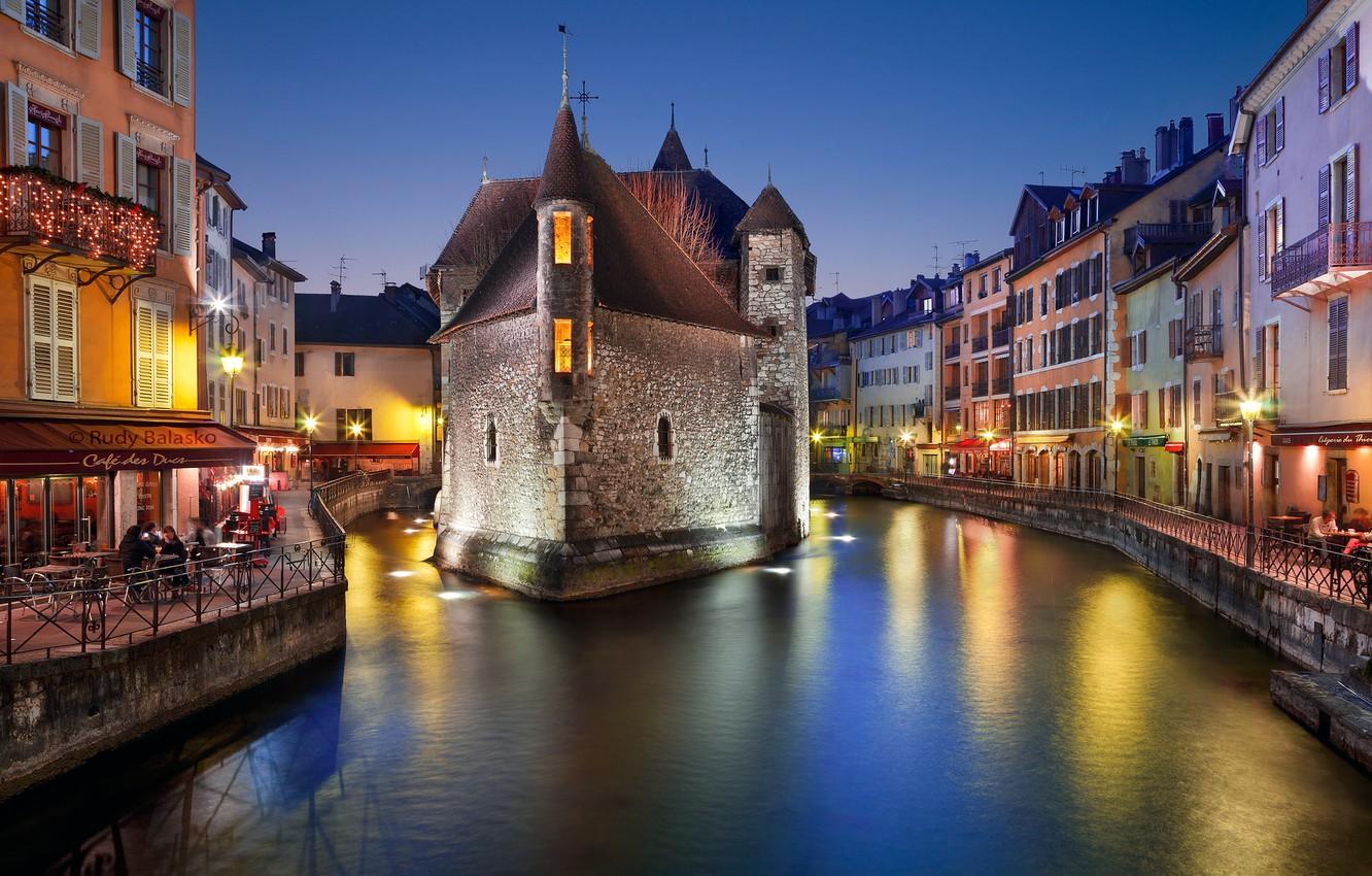 1332x850 Wallpaper lights, France, home, the evening, channel, Annecy image for desktop, section город