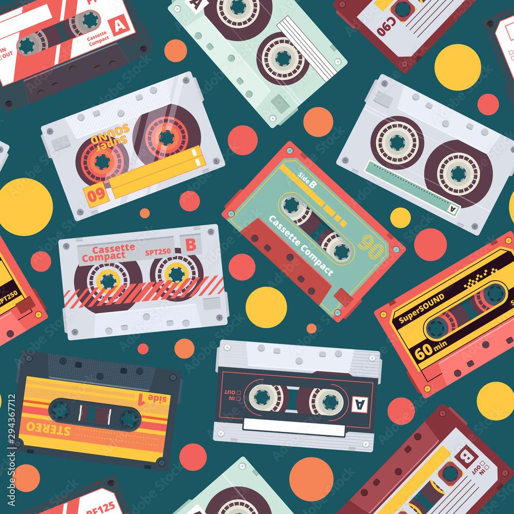 1000x1000 Audio Cassette Pattern. Stereo Mixtape Record Music Items Funky Style Retro Fashioned Vector Seamless Background 90s Dance Wallpaper. Illustration Audio Cassette Pattern, Music Tape Sound Old Fashion Stock Vector