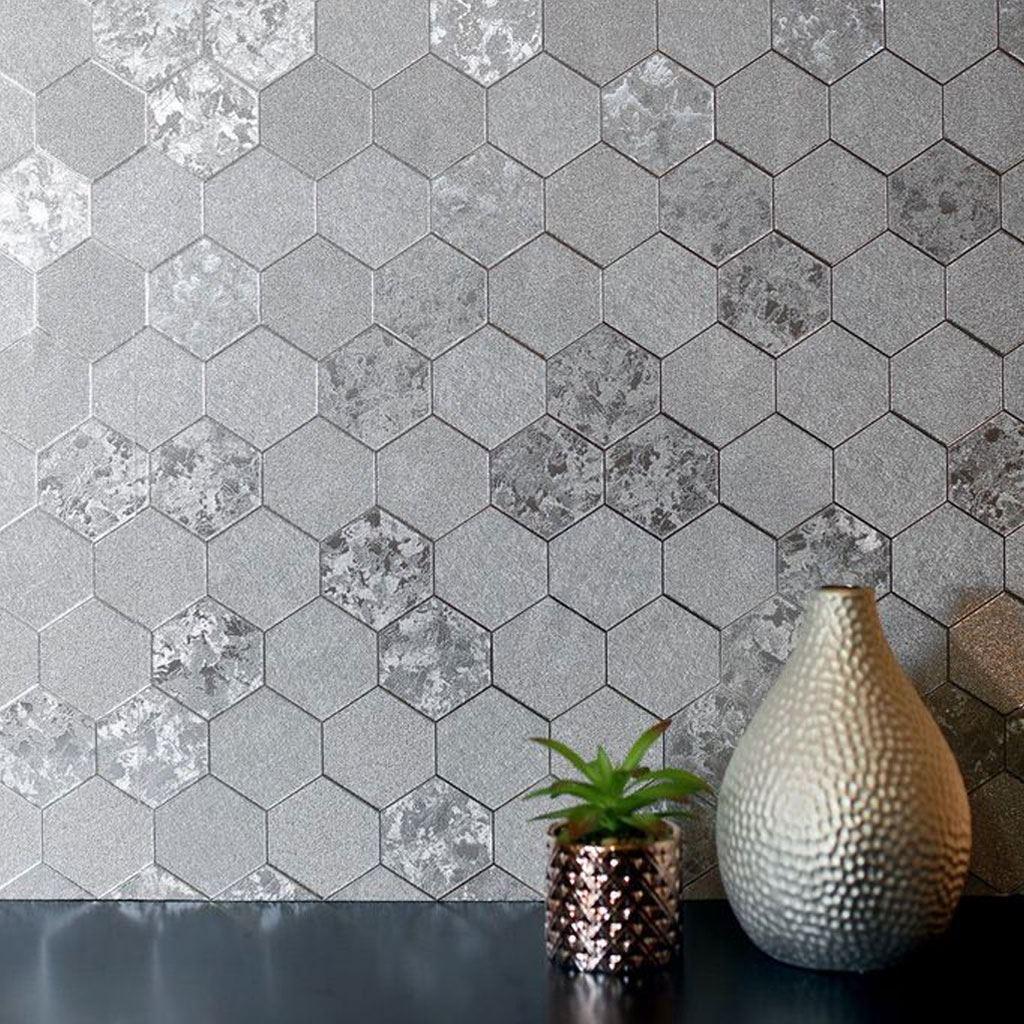 1024x1024 Metallic Silver Honeycomb Wallpaper Geometric Champagne Textured Vinyl Arthouse