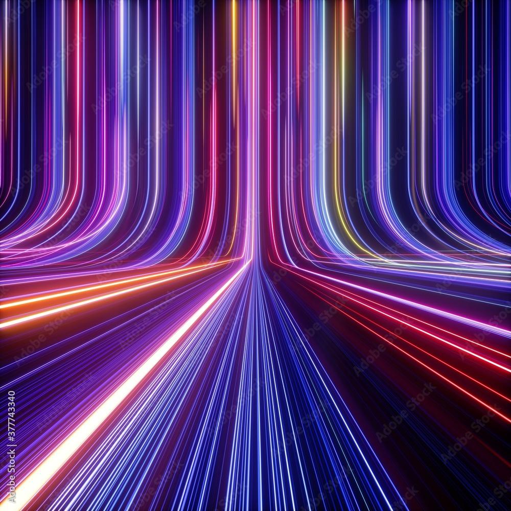 1000x1000 3D render, abstract futuristic neon background, ultra violet rays, speed of light, glowing lines Stock Illustration