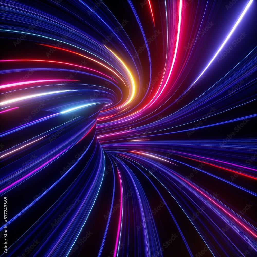 1000x1000 3D render, abstract futuristic neon background, ultraviolet tunnel with rays, glowing lines speed of light, cyber network, highway night lights Stock Illustration