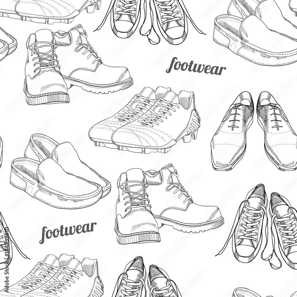 1000x1000 hand drawn seamless pattern Men Footwear. Casual and sport style, gumshoes for man. Shoes for all seasons. Retro and vintage paper. Doodle, drawing wallpaper, wrapping paper, backdrop. Stock Vector