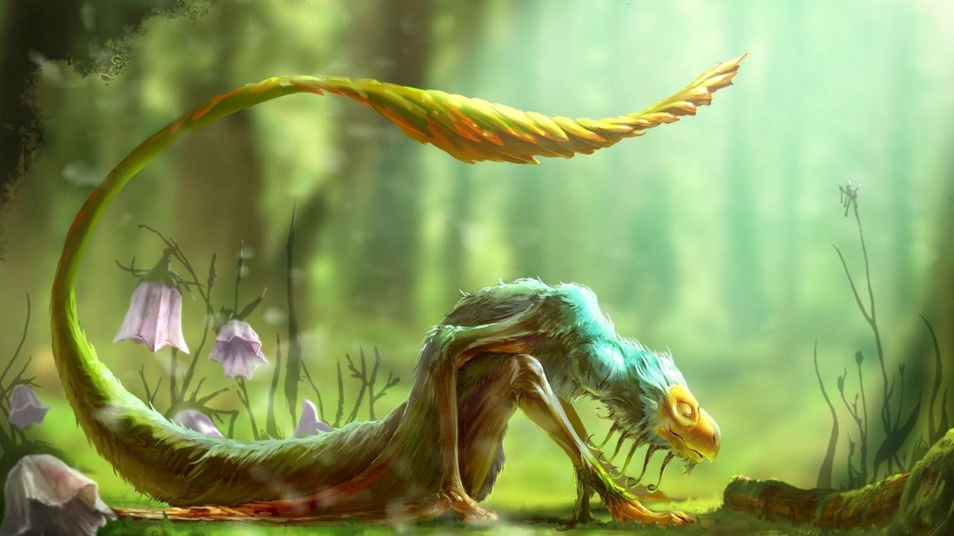 1920x1080 digital art, fantasy art, depth of field, flowers, tail, creature, nature, plants, dragon, jungle, velociraptor, dinosaur, computer wallpaper, fictional character, mythical creature Gallery HD Wallpaper
