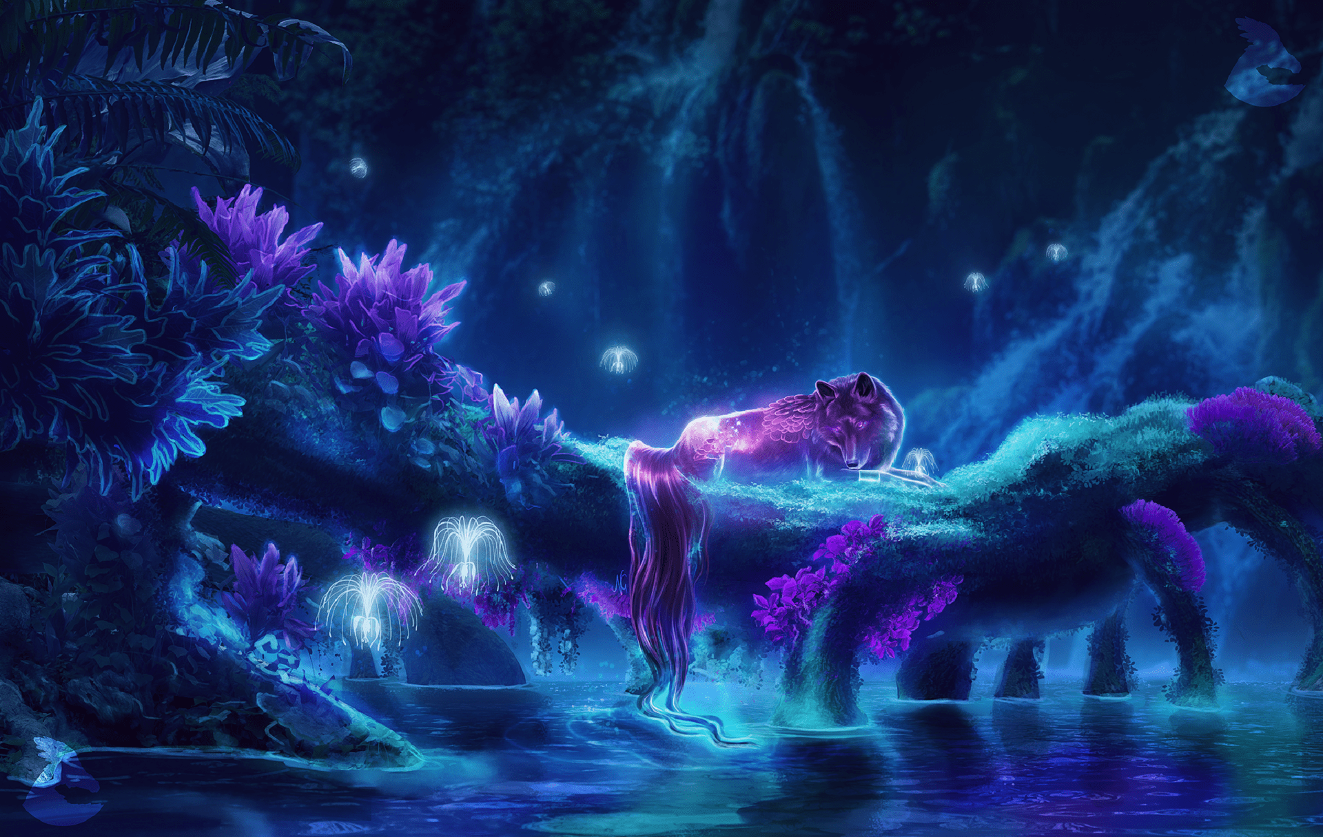 1920x1216 Download 1920x1080 Fantasy Creature, Wolf, Forest, Water, Magical Creatures, Night Wallpaper for Widescreen