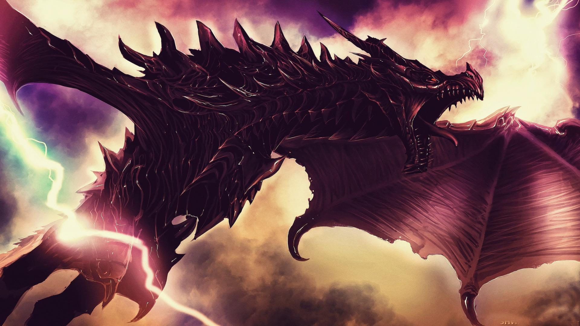 1920x1080 Wallpaper / fantasy art, artwork, fan art, science fiction, concept art, dark, digital art, dragon, creature, mythology, animals, lightning, Alduin free download