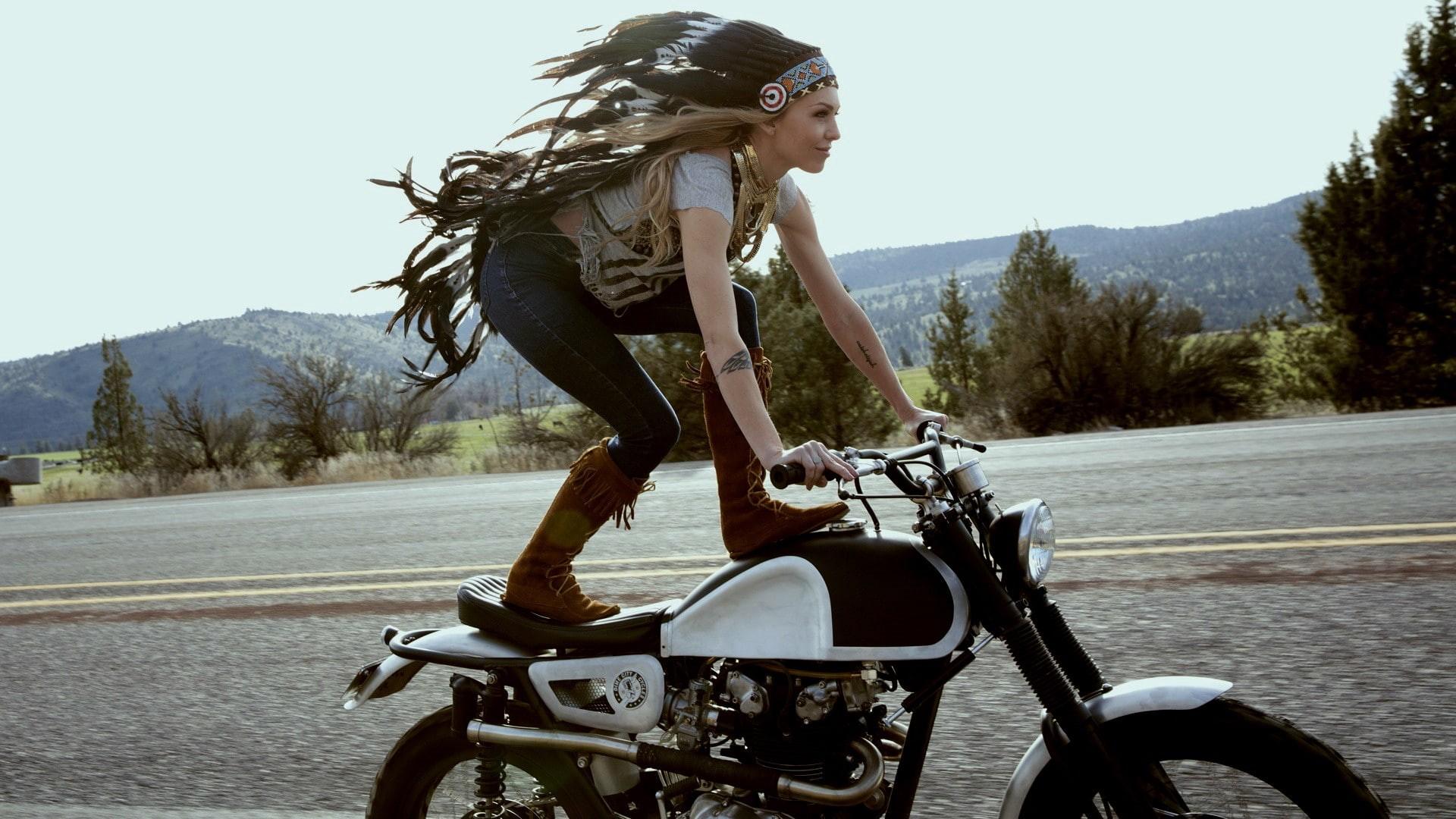 1920x1080 Wallpaper / stunts, tattoo, women with bikes, motorcyclist, women with motorcycles, 1080P, motorcycle, blonde, jeans, speeder bike, Indian free download
