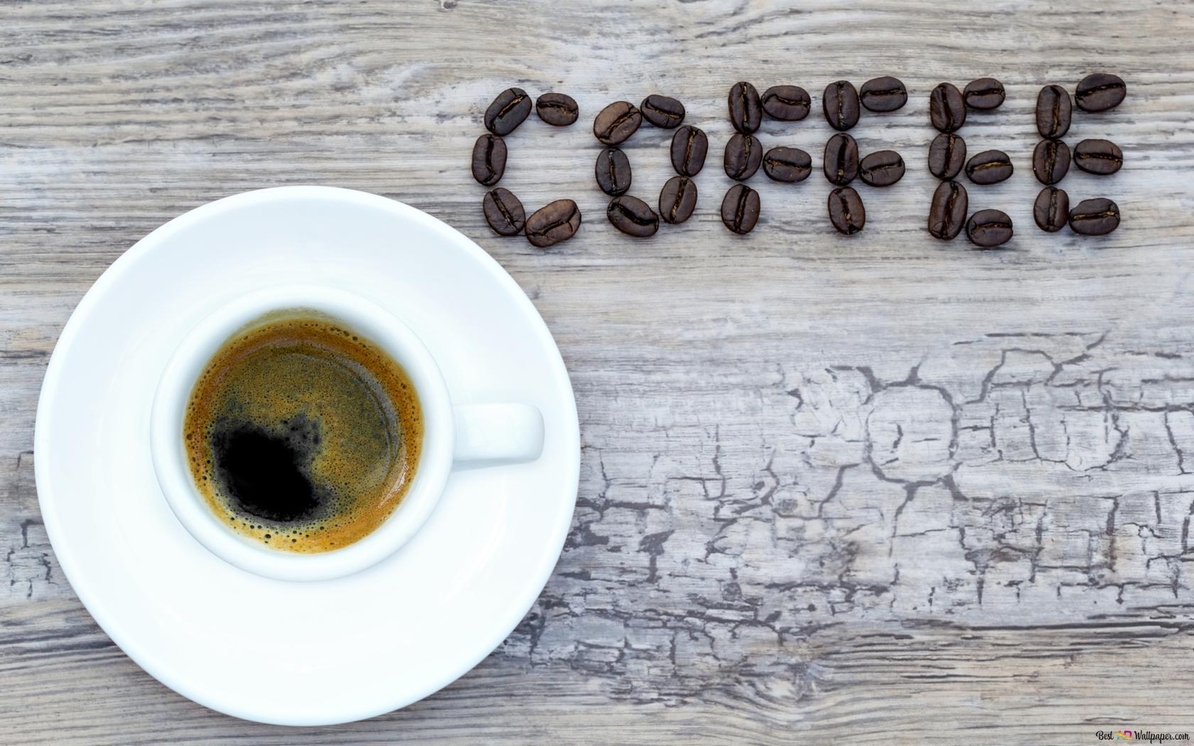1680x1050 Coffee presentation and coffee beans in a white cup 2K wallpaper download