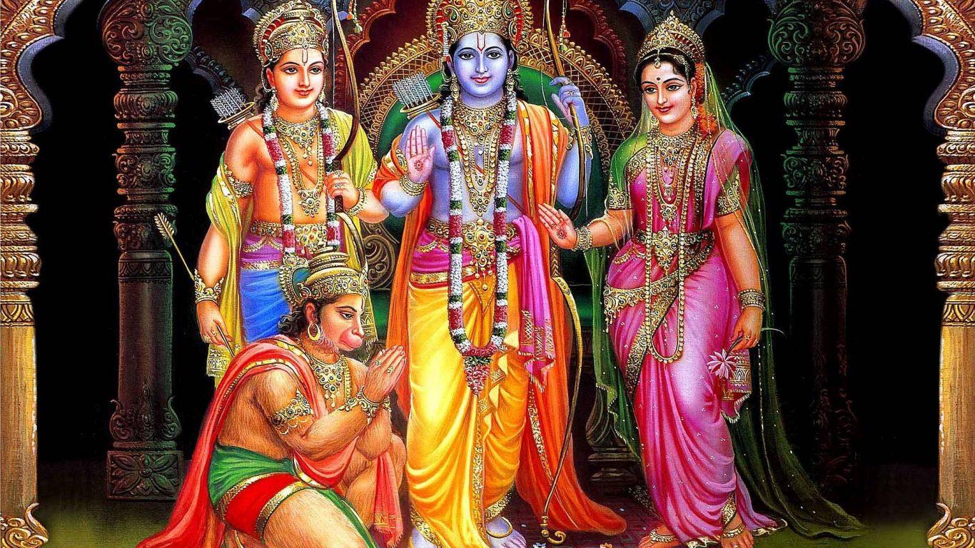 1366x768 Lord Hanuman With Ram Sita And Lakshman HD Wallpaper HD Wallpaper