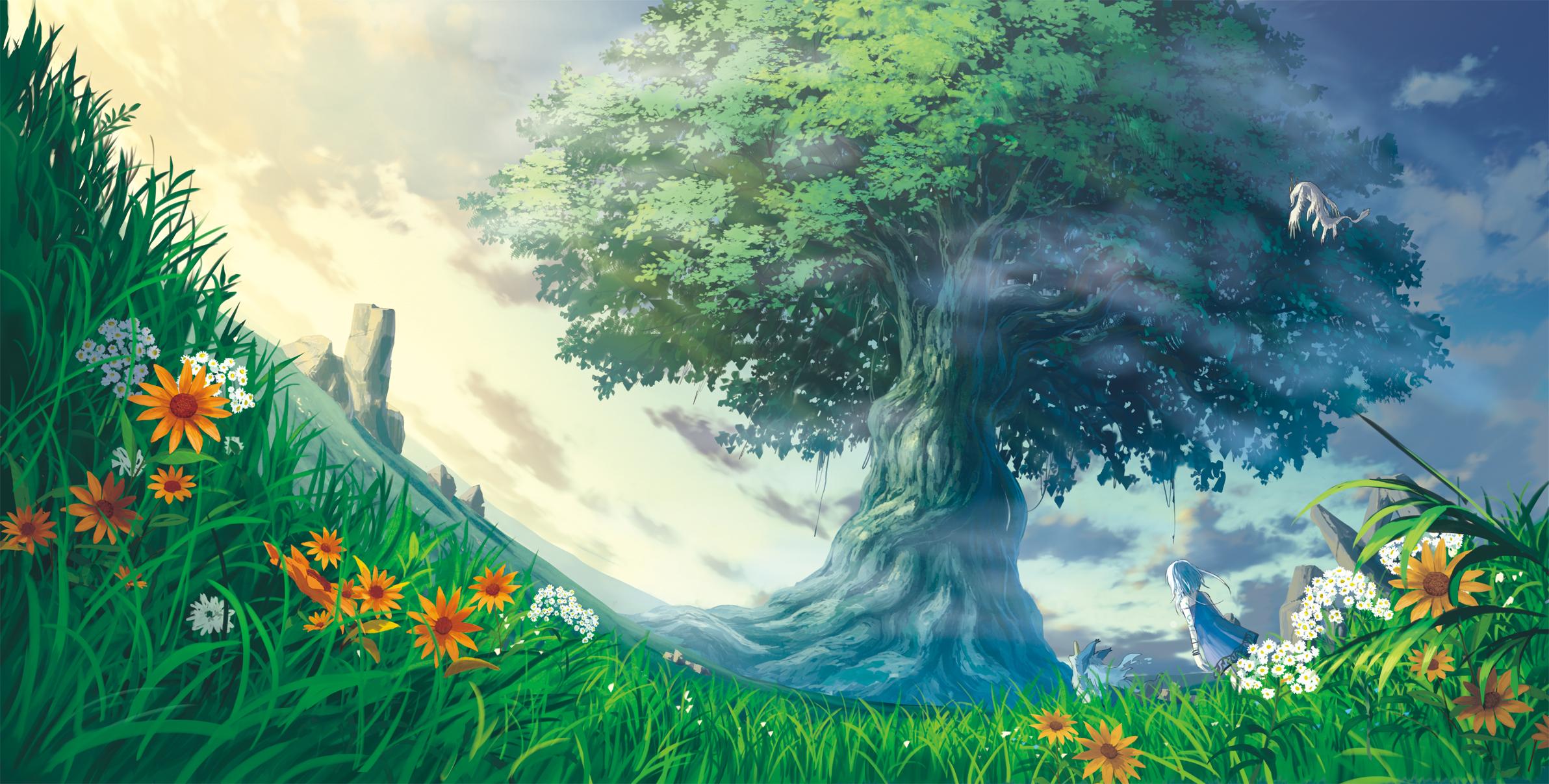 HD wallpaper: anime landscape, school, field, grass, trees, sky, clouds,  plant | Wallpaper Flare