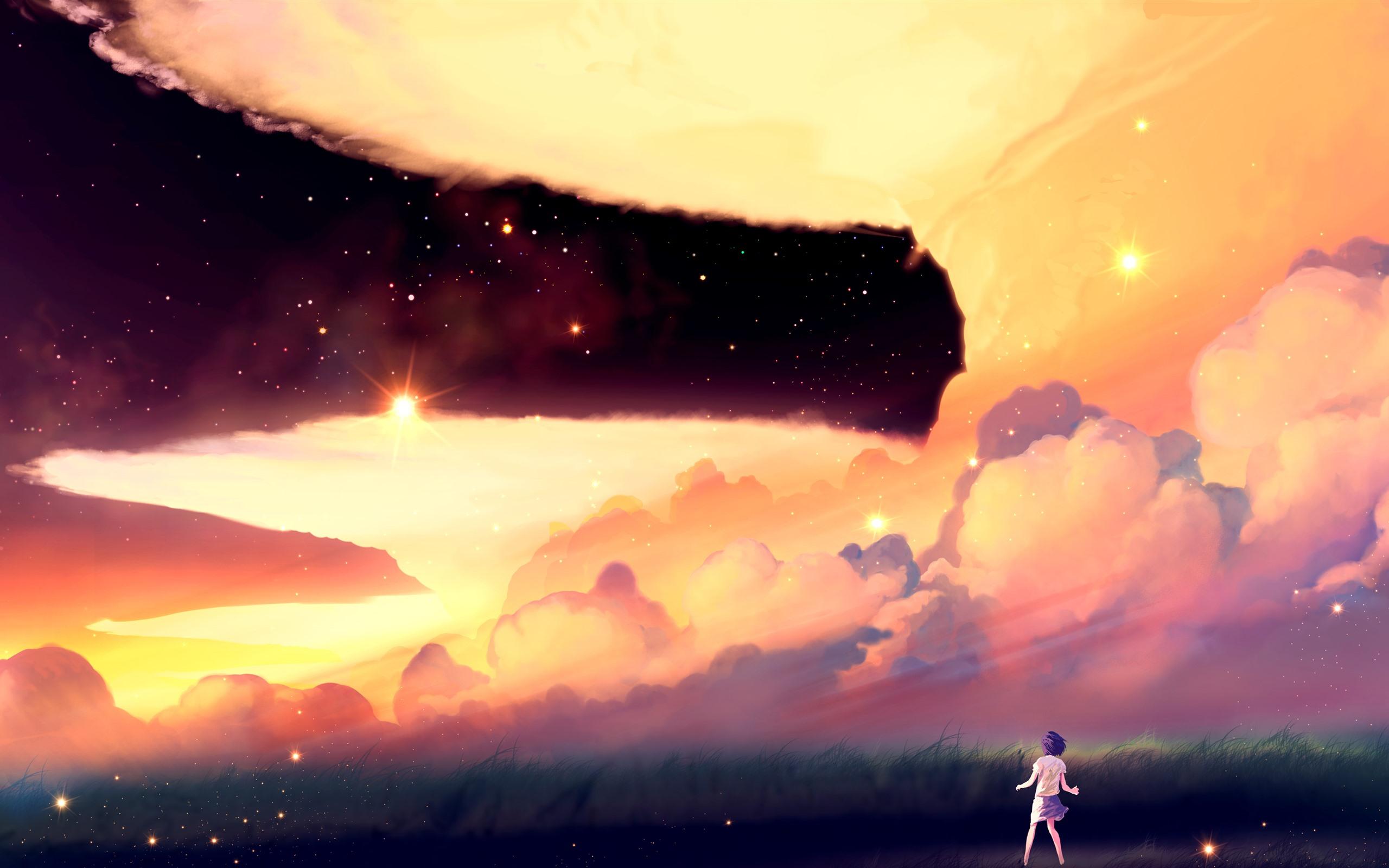 2560x1600 Anime Girl, Grass, Clouds, Starry 1080x1920 IPhone 8 7 6 6S Plus Wallpaper, Background, Picture, Image