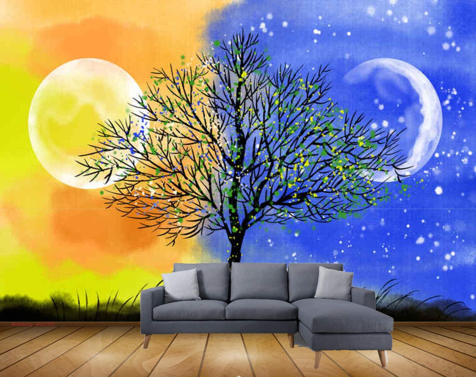 1600x1265 Beibehang Exclusive BVZ1723 Beautiful Day Night Sun Moon Stars Trees Artisctic Design HD 3D Wallpaper(121 cm x 91 cm) : Amazon.in: Home Improvement