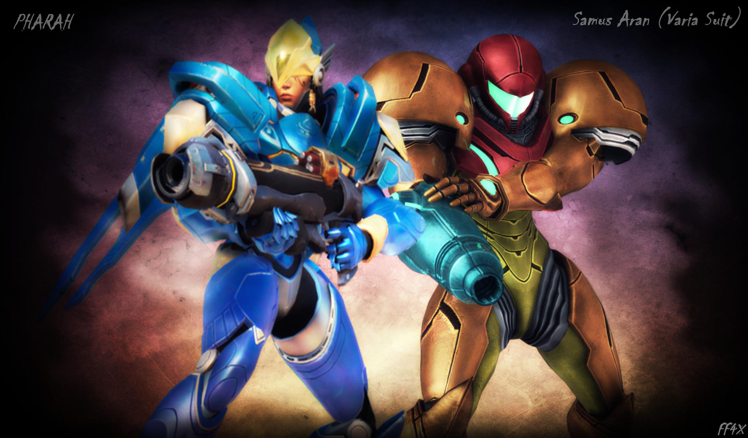 2456x1437 Samus Aran (Varia Suit) and Pharah wallpaper 2