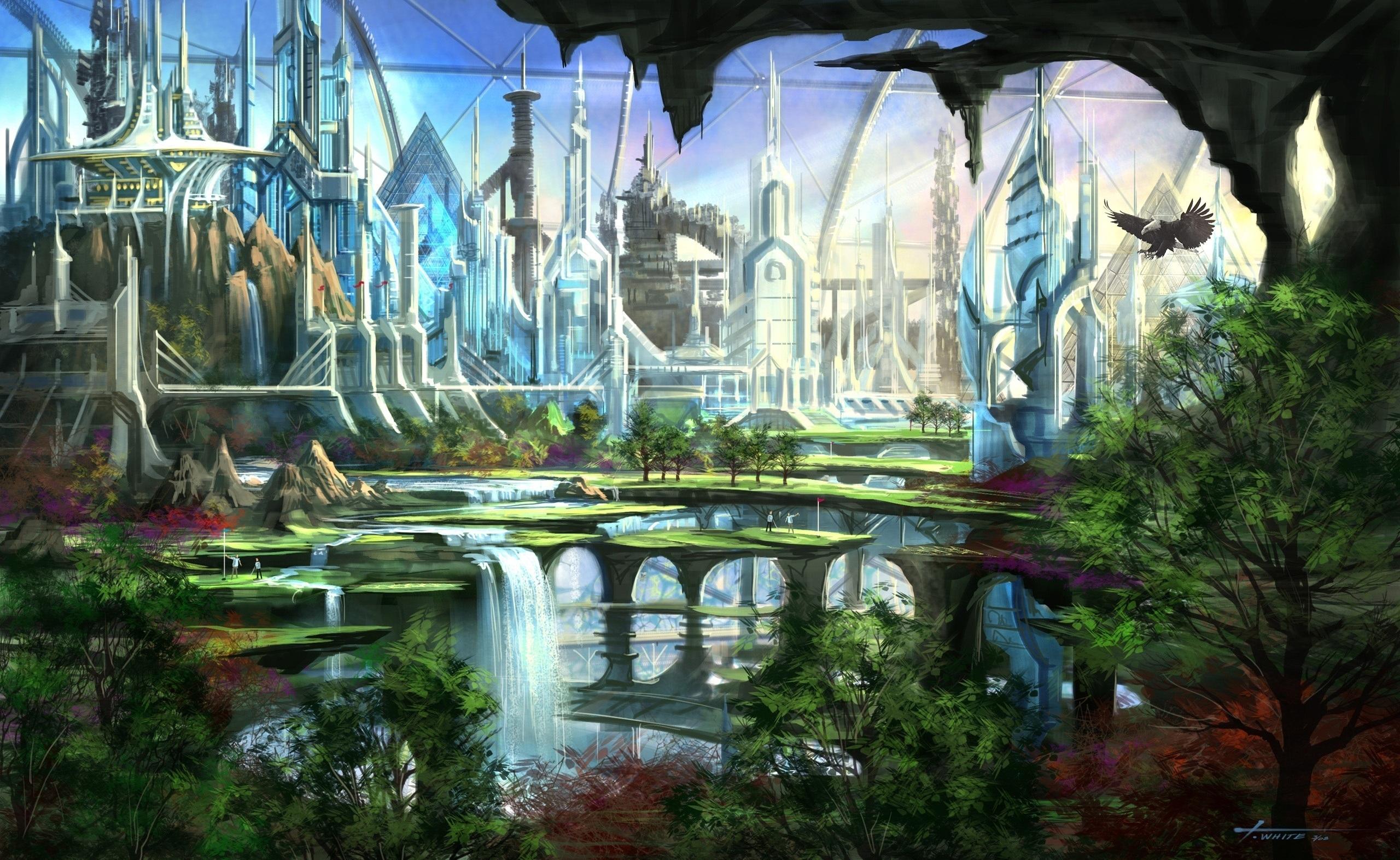 2560x1572 HD desktop wallpaper: Fantasy, City, Waterfall download free picture