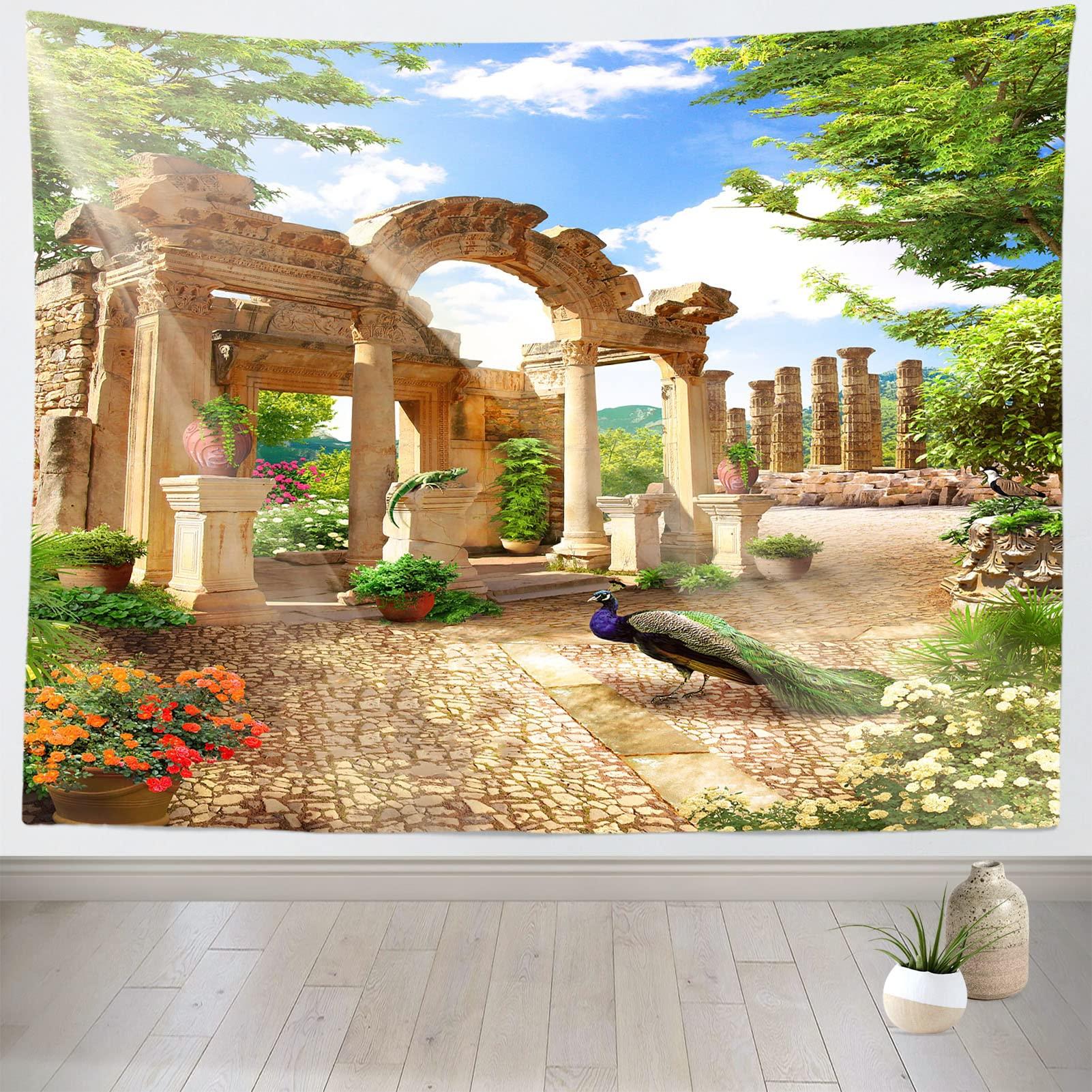 1601x1601 Loccor 8x6ft Fantasy Garden Landscape Tapestry Backdrop Ruins in Park Peacock Flowers Lizard Sunshine Trees Wall Hanging for Bedroom Living Room Dorm Home Decoration : Clothing, Shoes & Jewelry