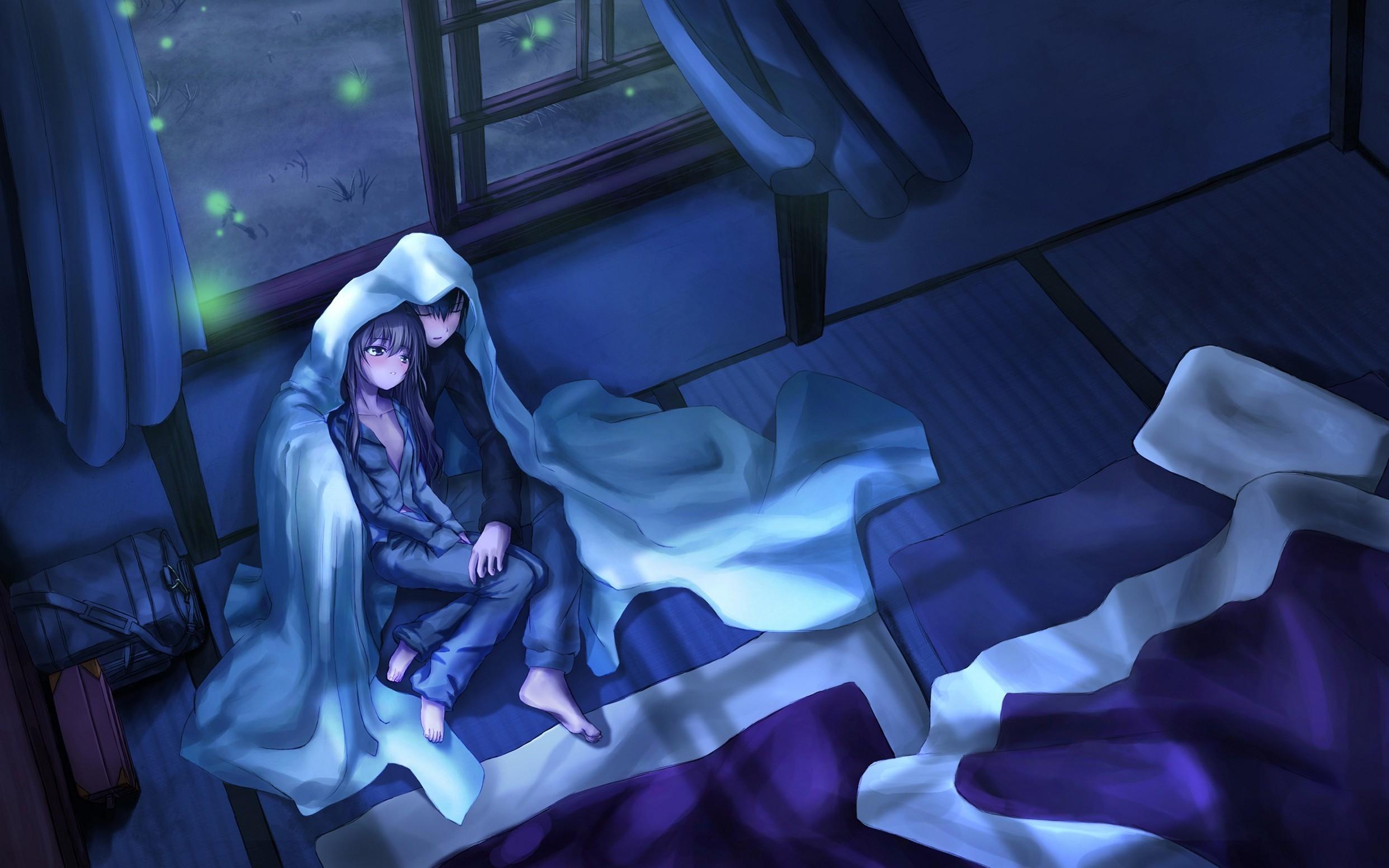 2483x1552 Boy Girl Night Blanket Room Superb Anime Phone Wallpaper