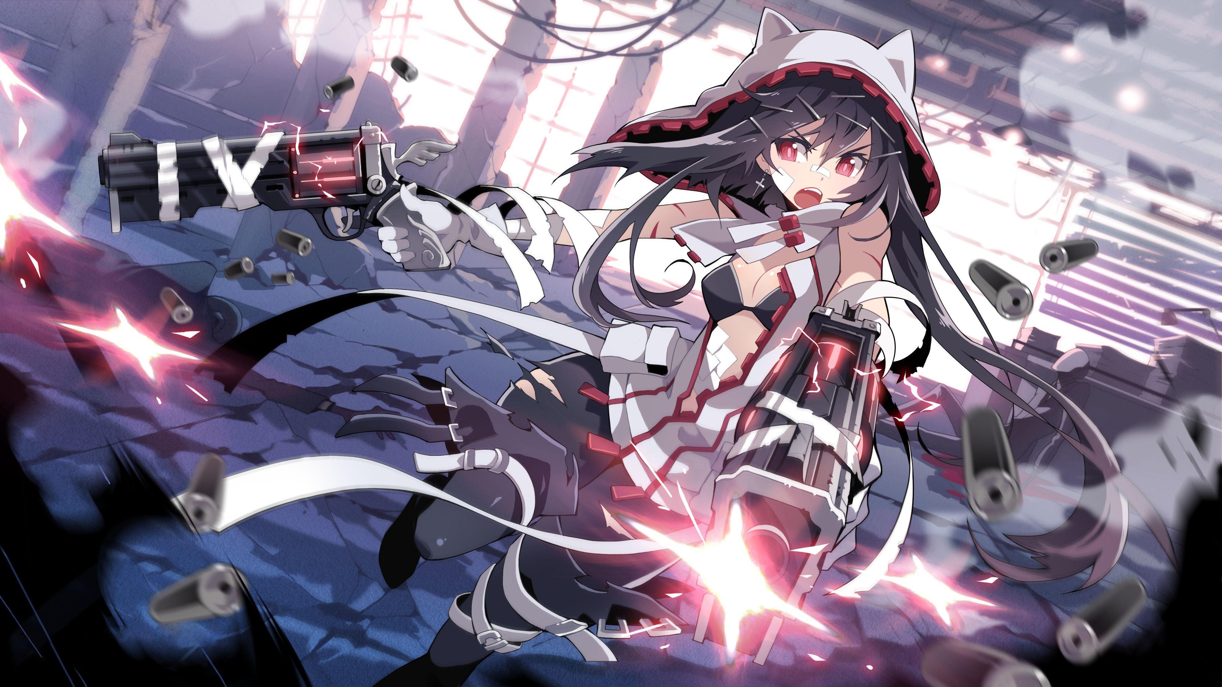 4000x2250 Anime Red Eyes Anime Girls Revolvers Cat Ears Shooting Weapon Wallpaper:4000x2250