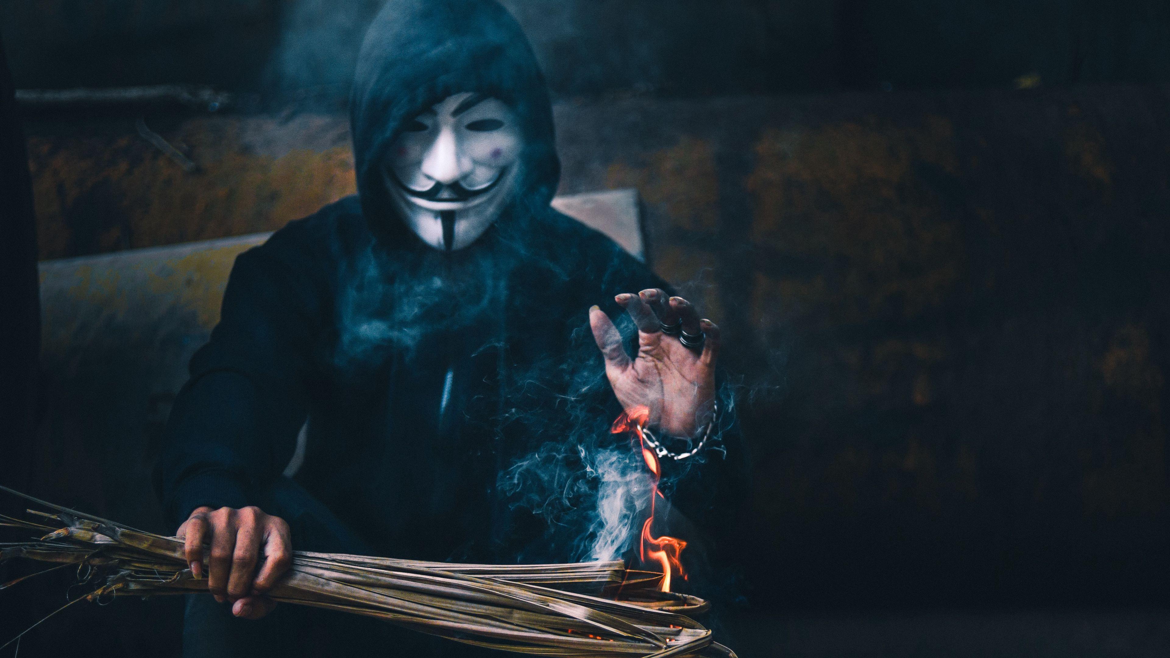 3840x2160 Wallpaper / mask, anonymous, hood, fire, 4k free download