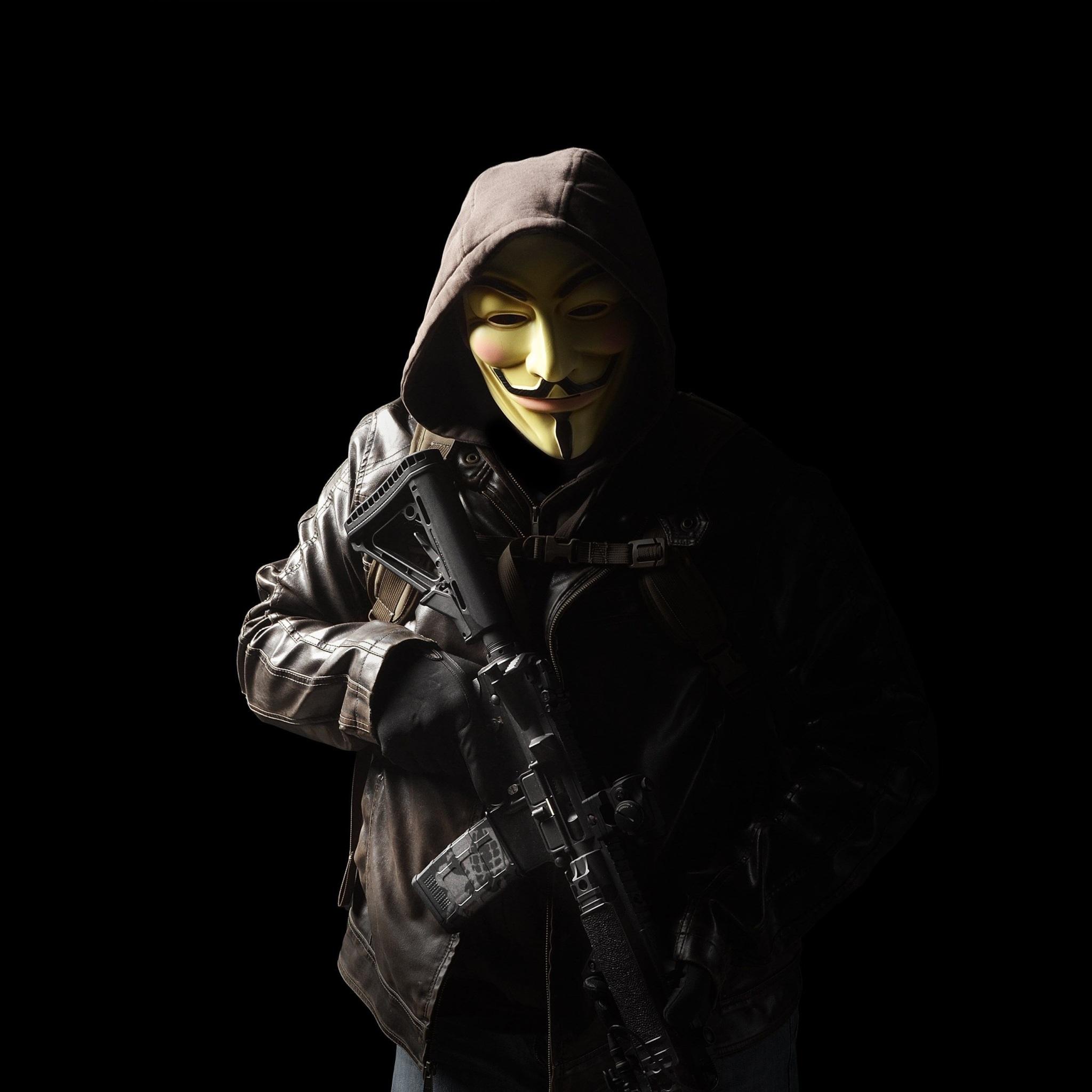2048x2048 Wallpaper 4k Anonymous Mask Person With Gun Wallpaper