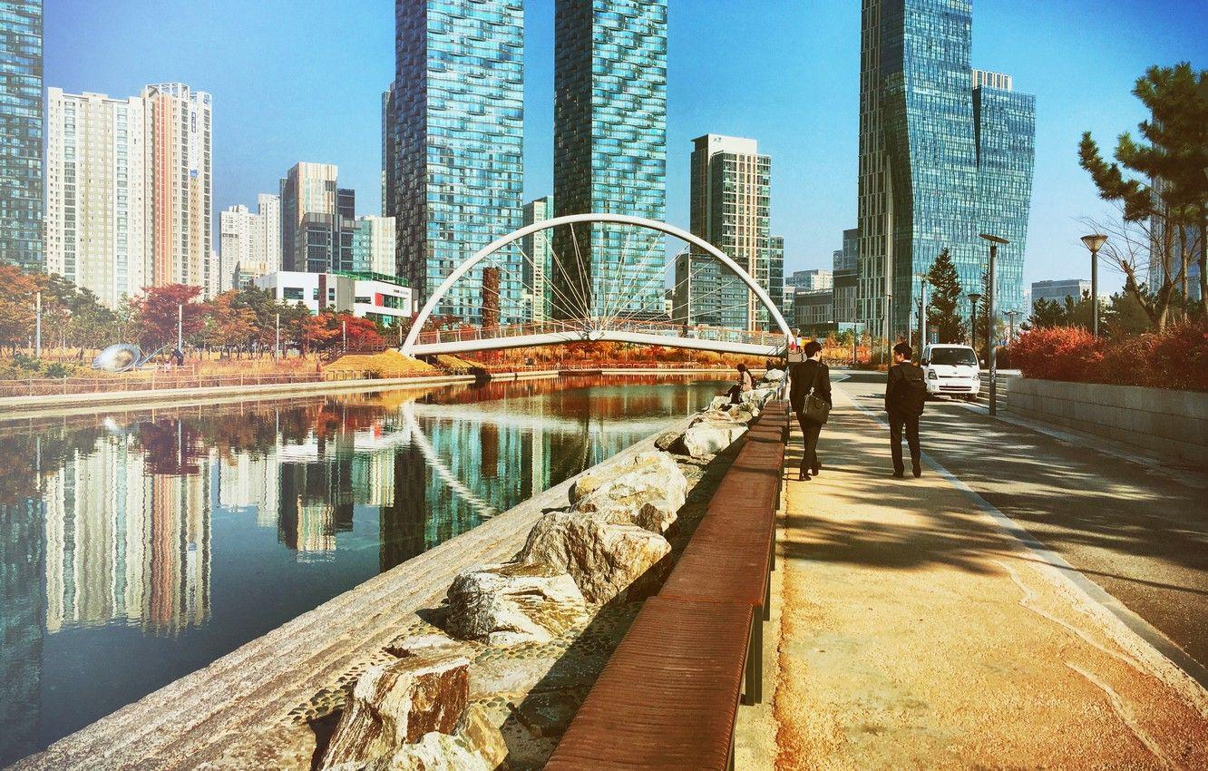 1332x850 Wallpaper car, skyline, sky, bridge, South Korea, water, people